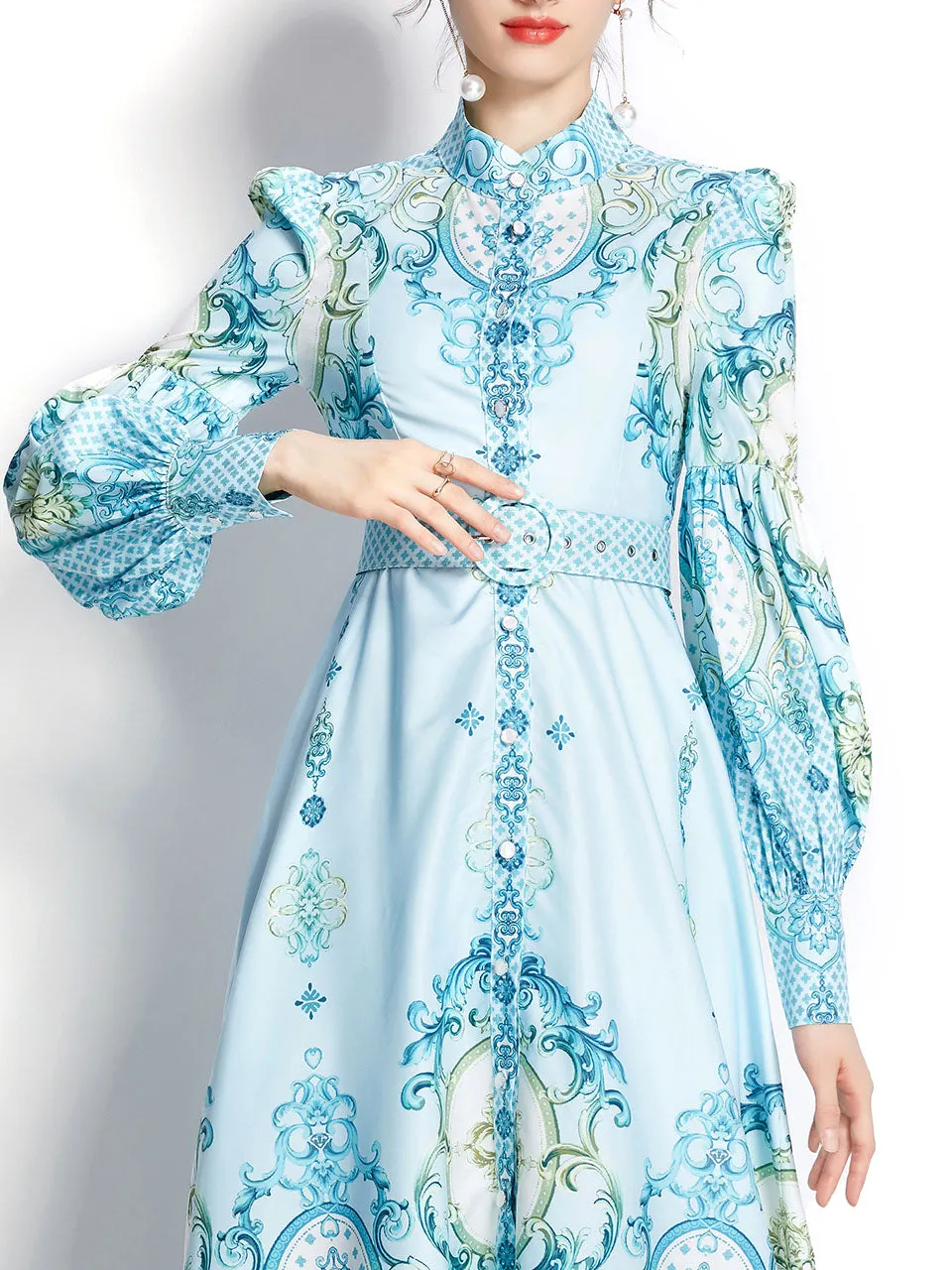 Blue Flower High Neck Floral Print Trumpet Sleeve Bohemian Dress Maxi Dress