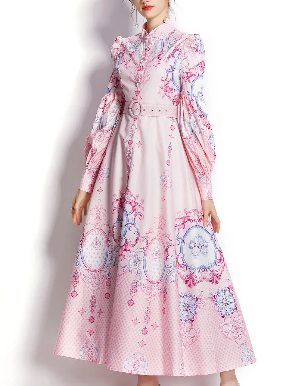 Blue Flower High Neck Floral Print Trumpet Sleeve Bohemian Dress Maxi Dress