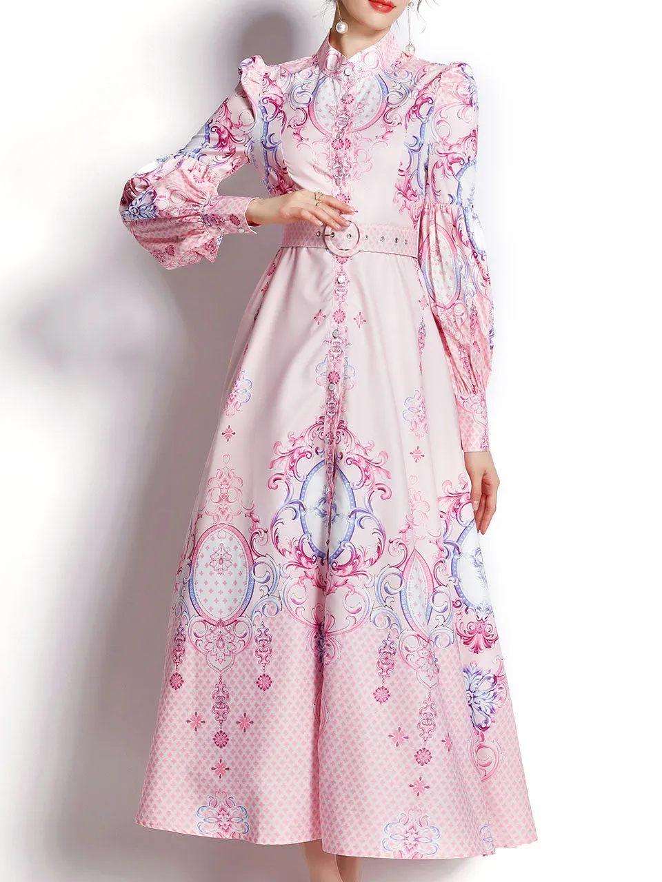 Blue Flower High Neck Floral Print Trumpet Sleeve Bohemian Dress Maxi Dress