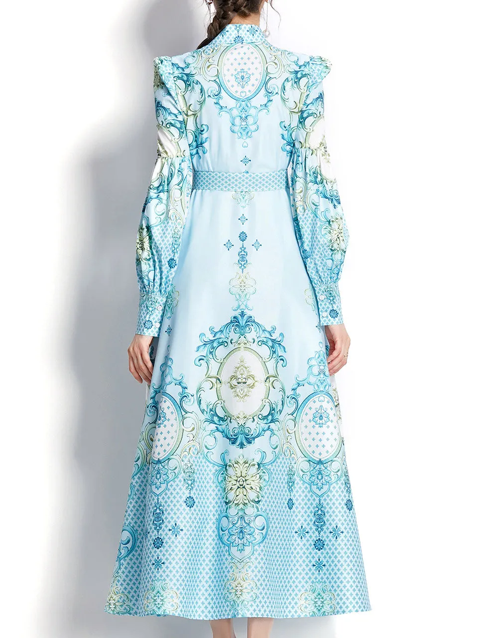 Blue Flower High Neck Floral Print Trumpet Sleeve Bohemian Dress Maxi Dress