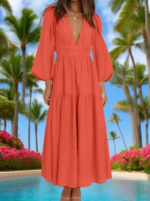 Boho Balloon Sleeve Beach Vacation Maxi Dress