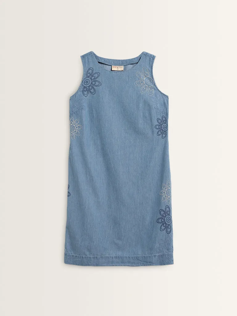 Bombay Paisley Blue Floral Embroidered Straight Denim Dress