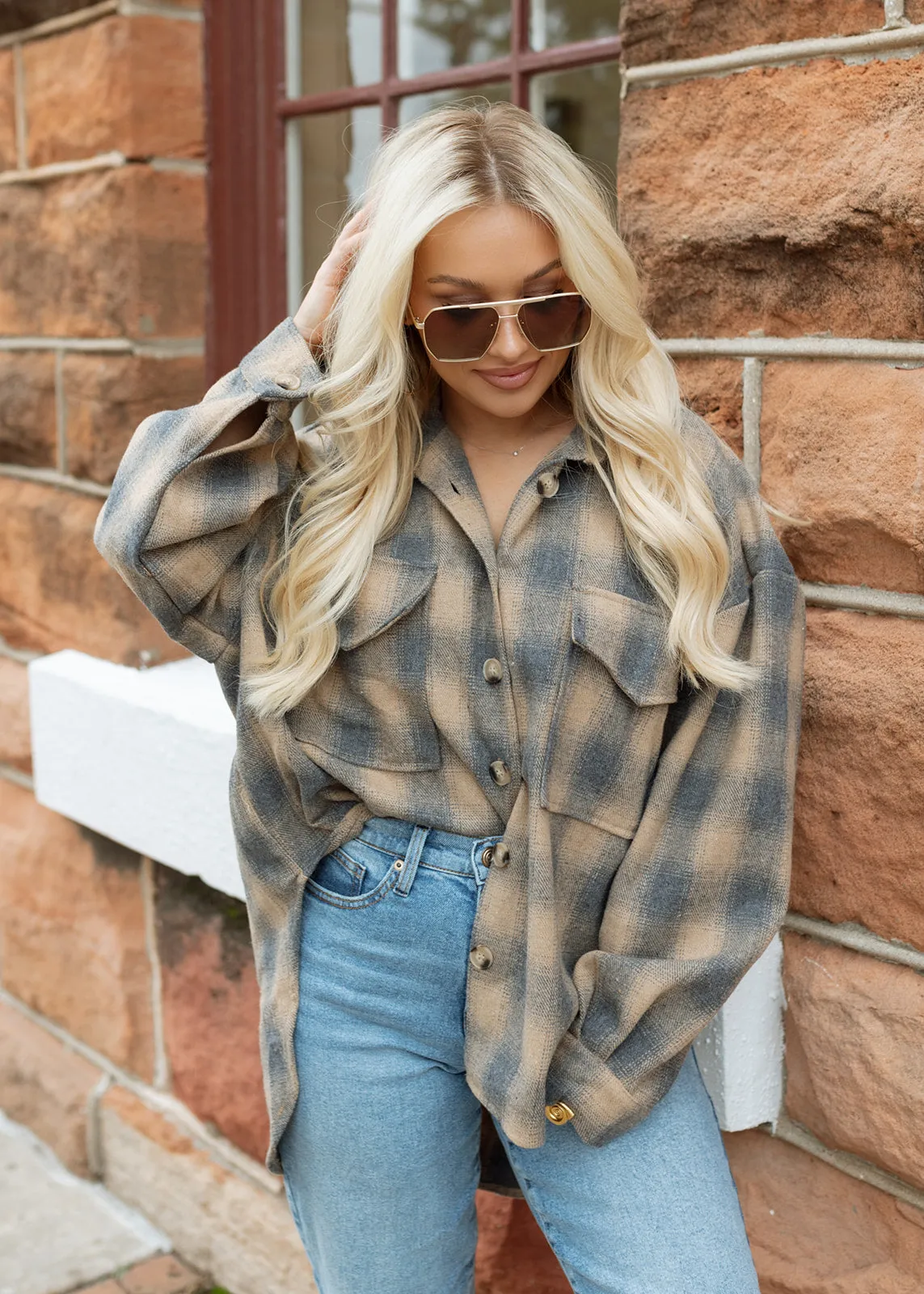 Bonfire Taupe Plaid Oversized Shacket