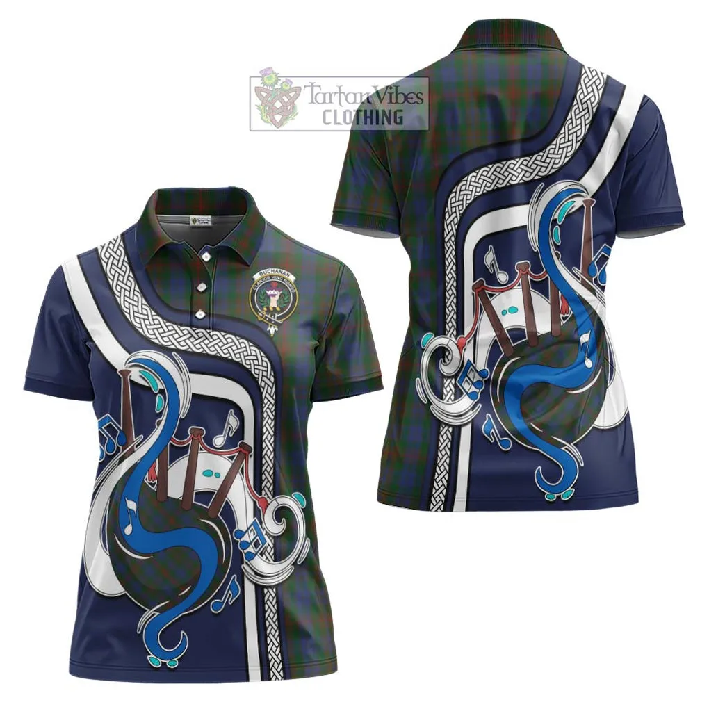 Buchanan Hunting Tartan Women's Polo Shirt with Epic Bagpipe Style