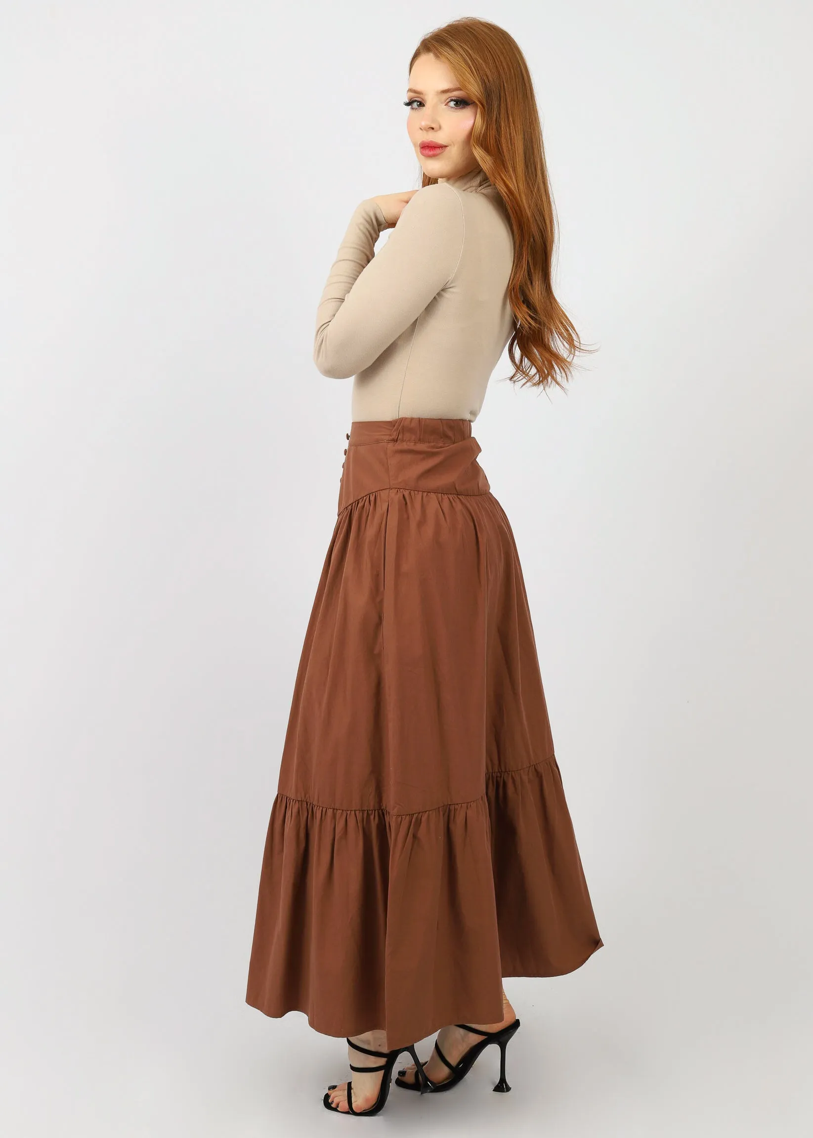 Button Waist Tiered Skirt