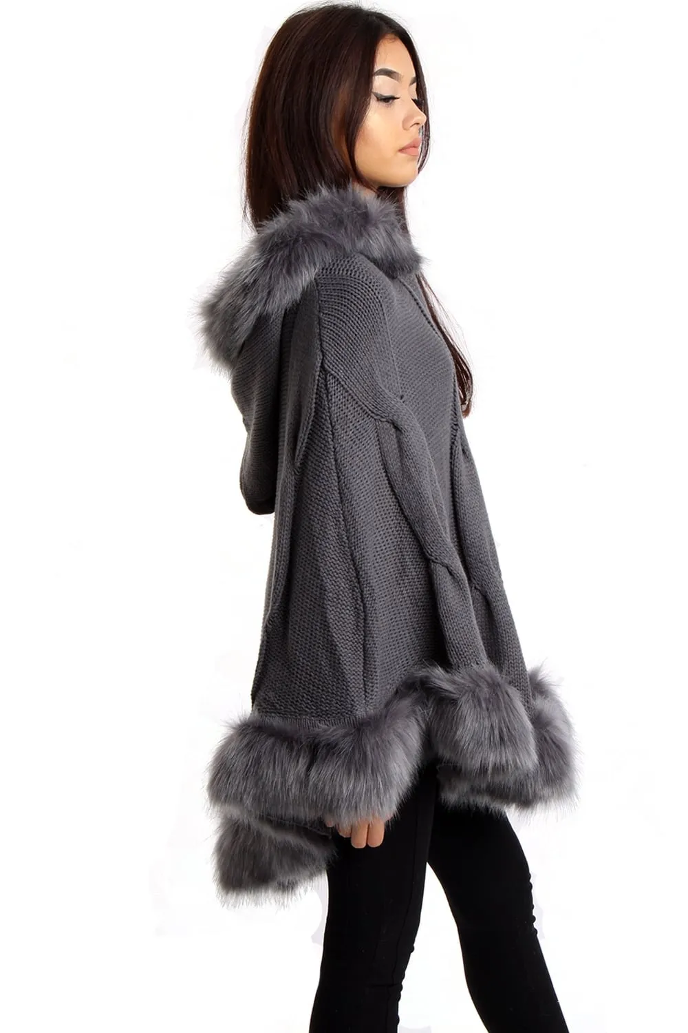 Cable Knitted Hooded Fur Trim Poncho Cape