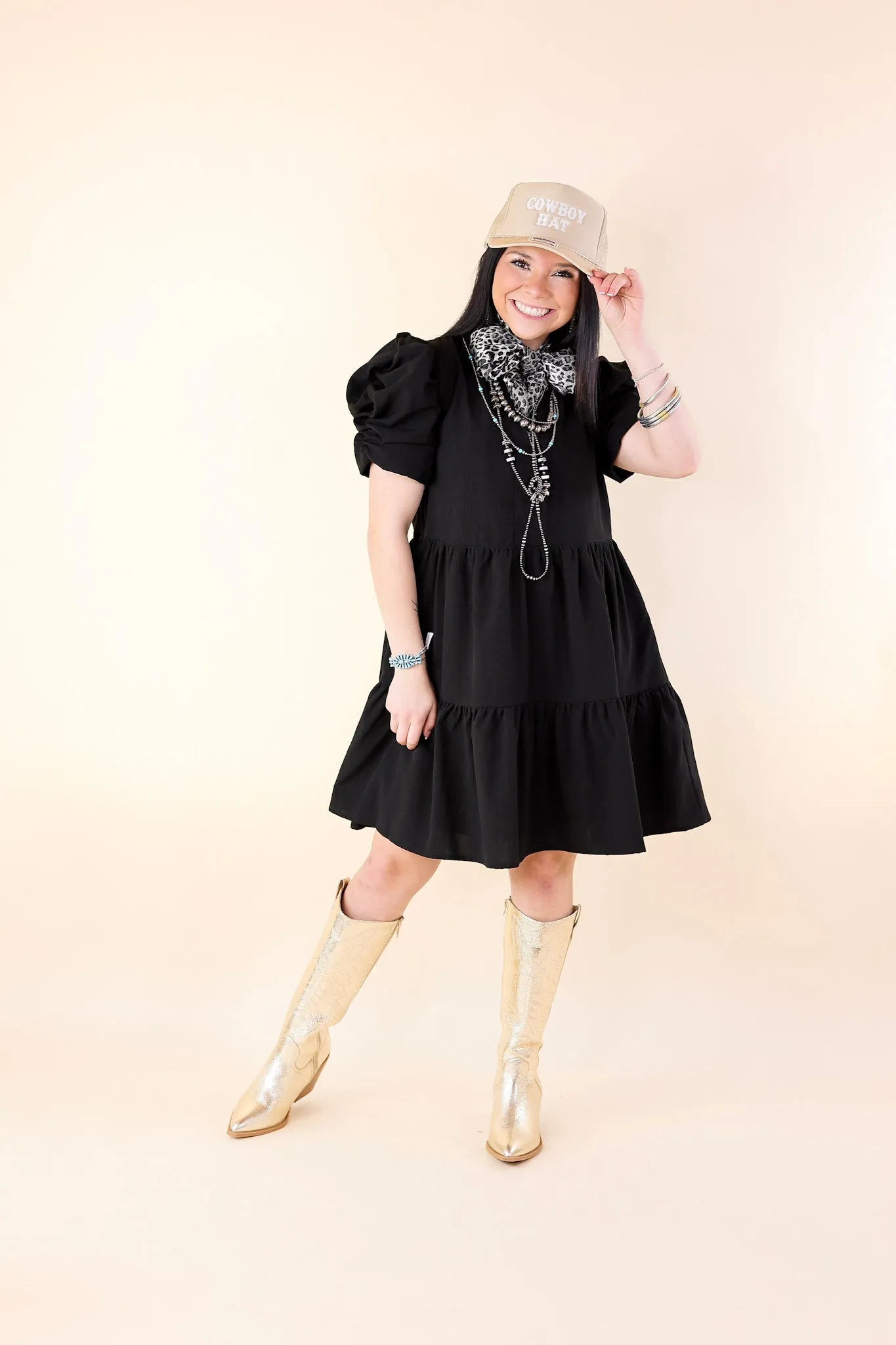 Call Me Chic Balloon Sleeve Short Dress in Black