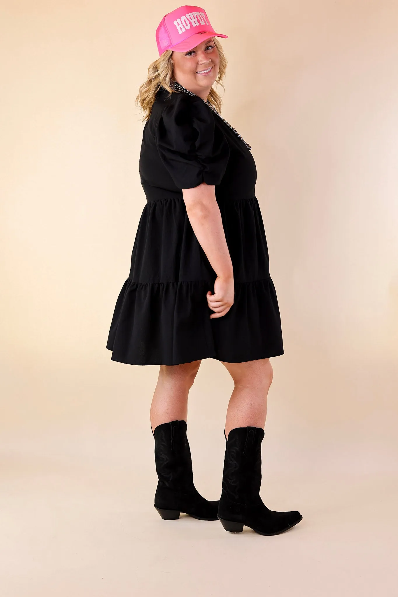 Call Me Chic Balloon Sleeve Short Dress in Black