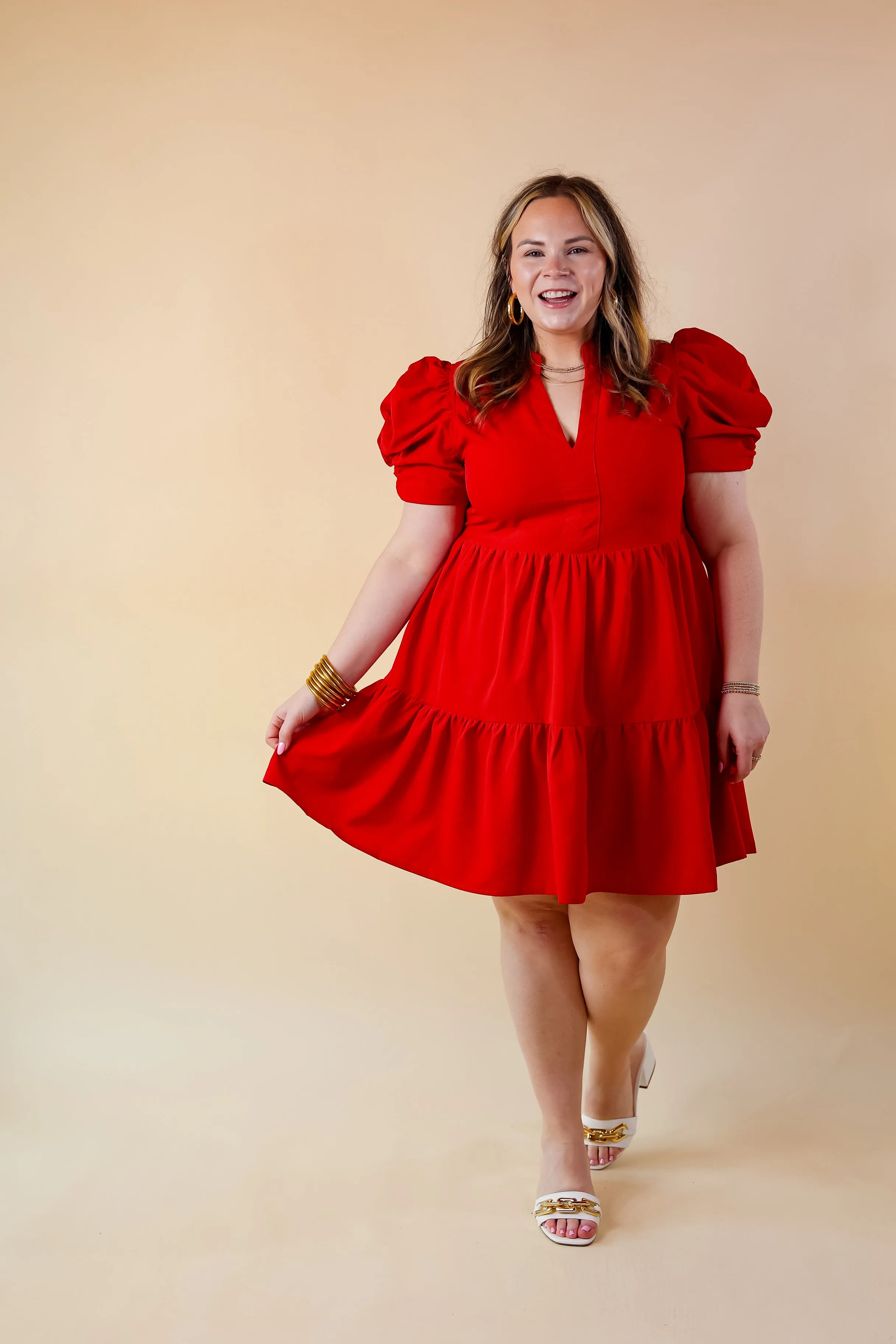 Call Me Chic Balloon Sleeve Short Dress in Red