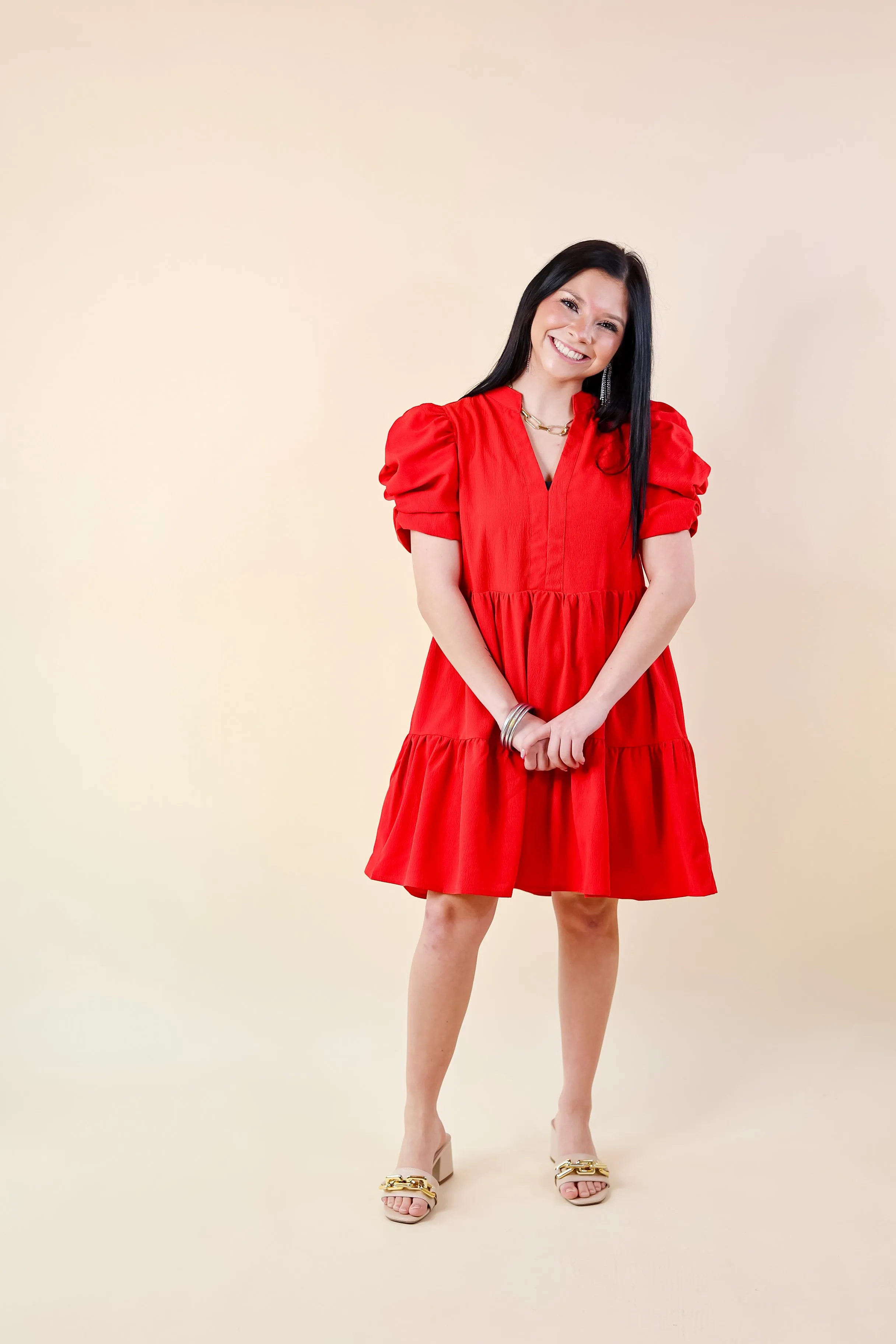 Call Me Chic Balloon Sleeve Short Dress in Red