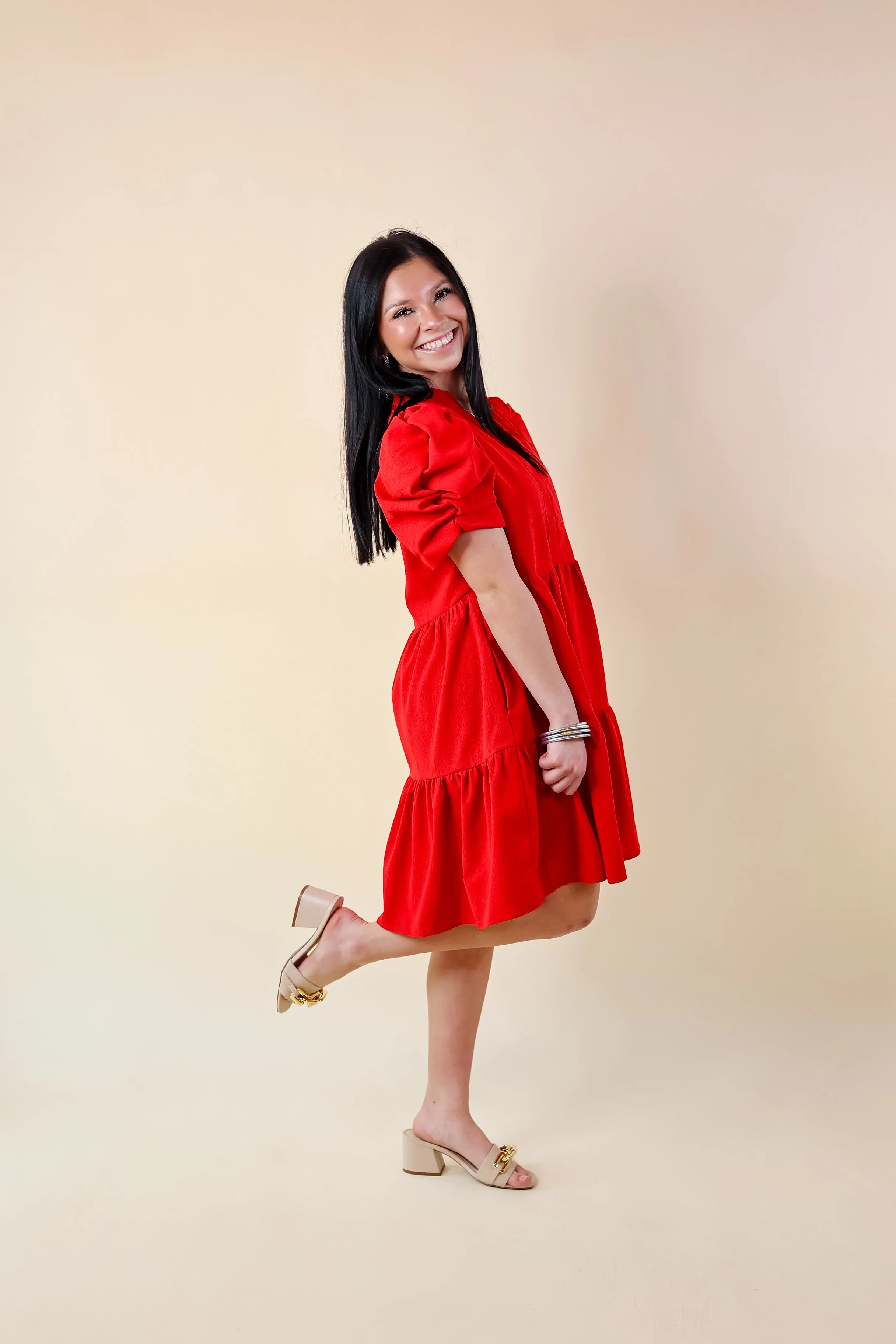 Call Me Chic Balloon Sleeve Short Dress in Red