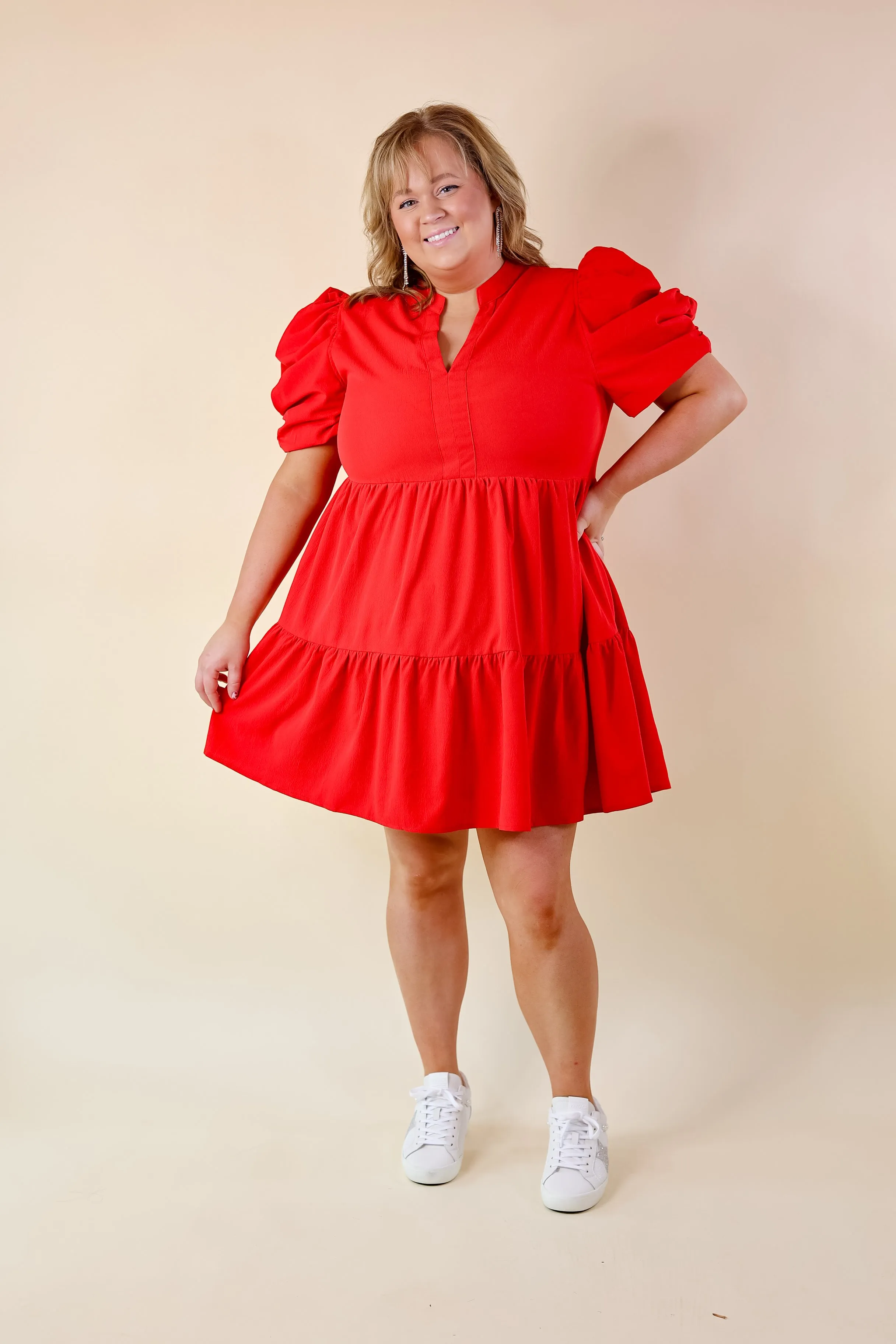 Call Me Chic Balloon Sleeve Short Dress in Red