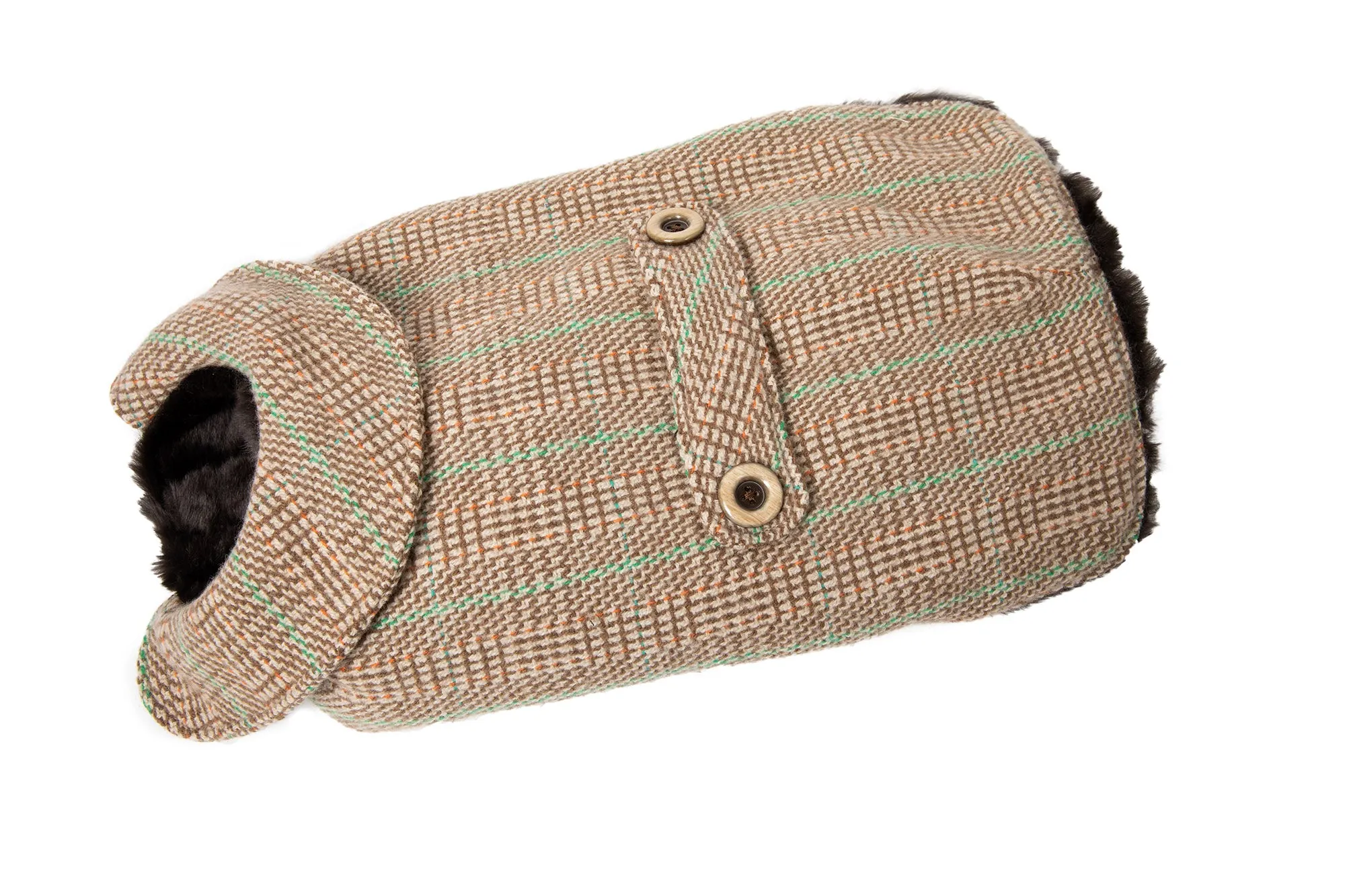 Cashmere Dog Coat - Faux Fur Lining - Beige & Green Plaid