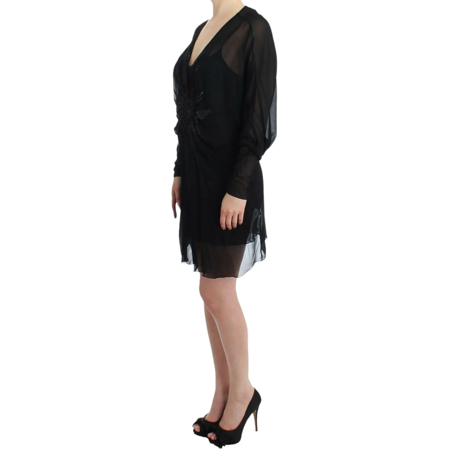 Cavalli Elegant Sheer Black Silk Blouson Dress