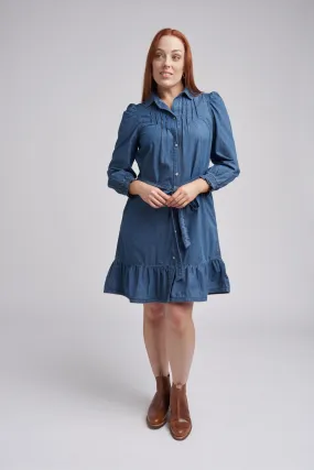 Chambray Pintuck Cotton Shirt Dress