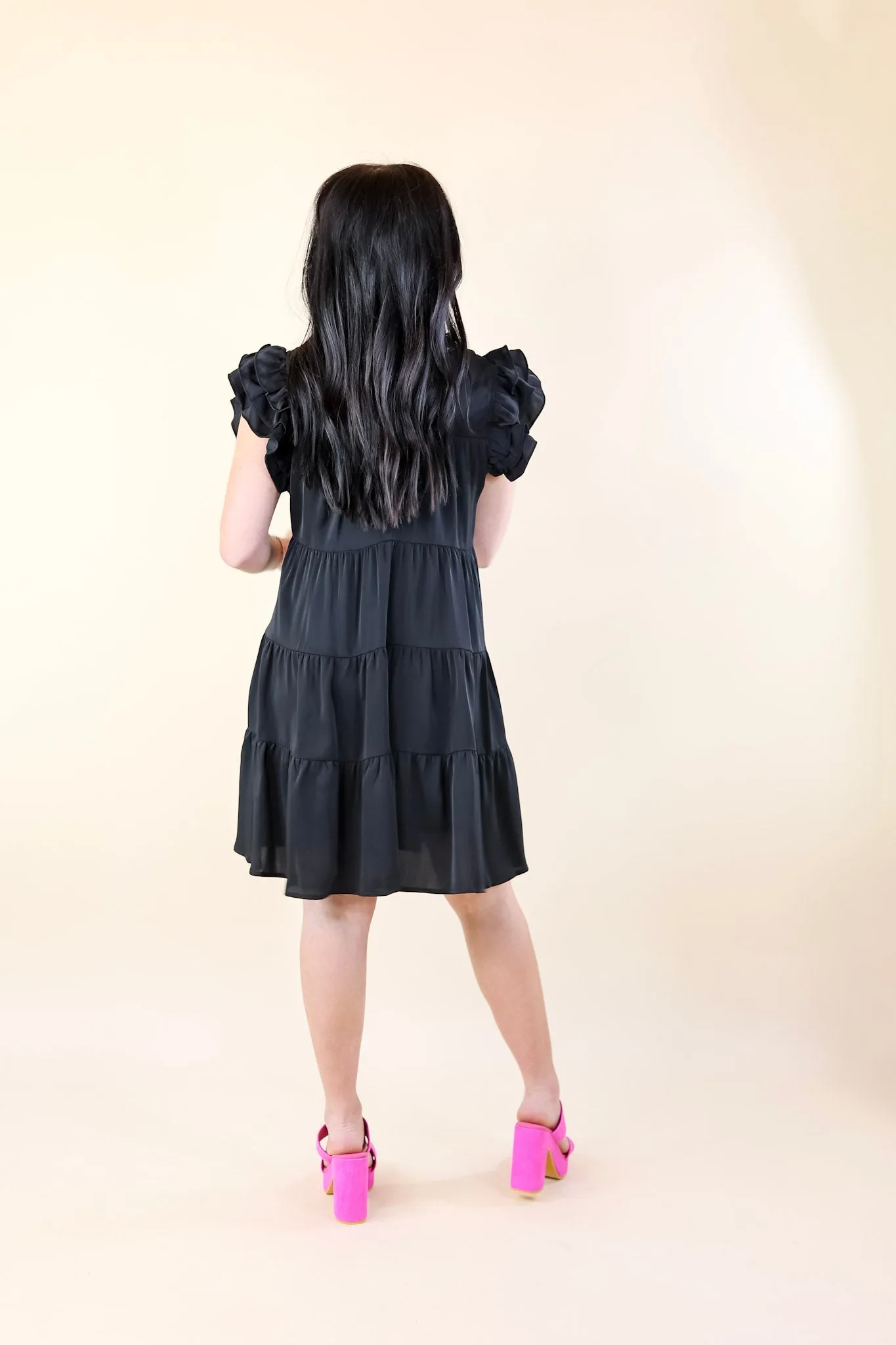 Chic On Scene Ruffle Tiered Dress with Pleated Detailing in Black