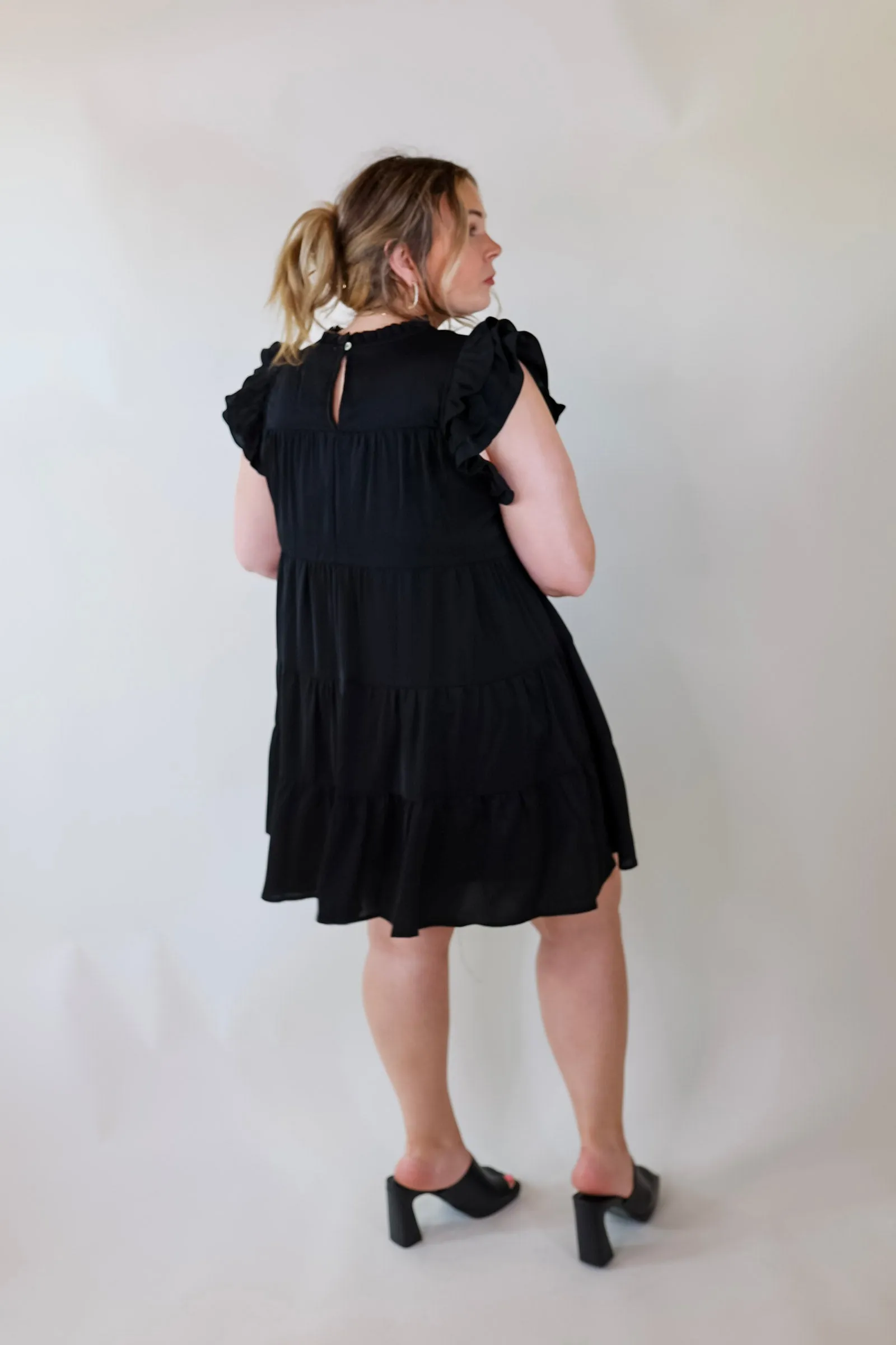 Chic On Scene Ruffle Tiered Dress with Pleated Detailing in Black