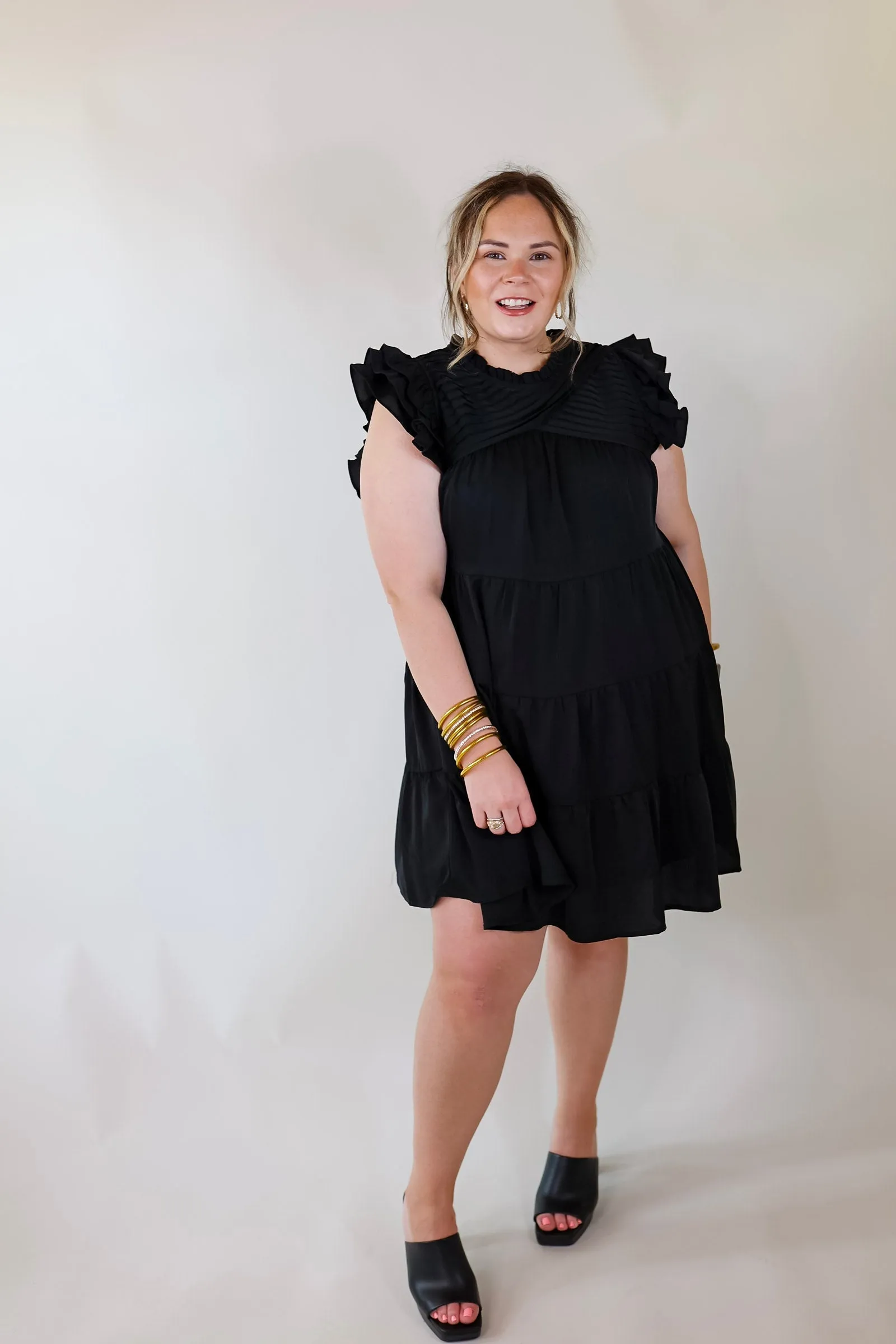 Chic On Scene Ruffle Tiered Dress with Pleated Detailing in Black