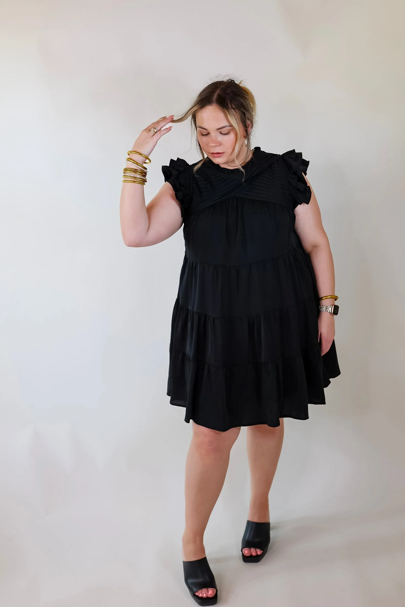 Chic On Scene Ruffle Tiered Dress with Pleated Detailing in Black