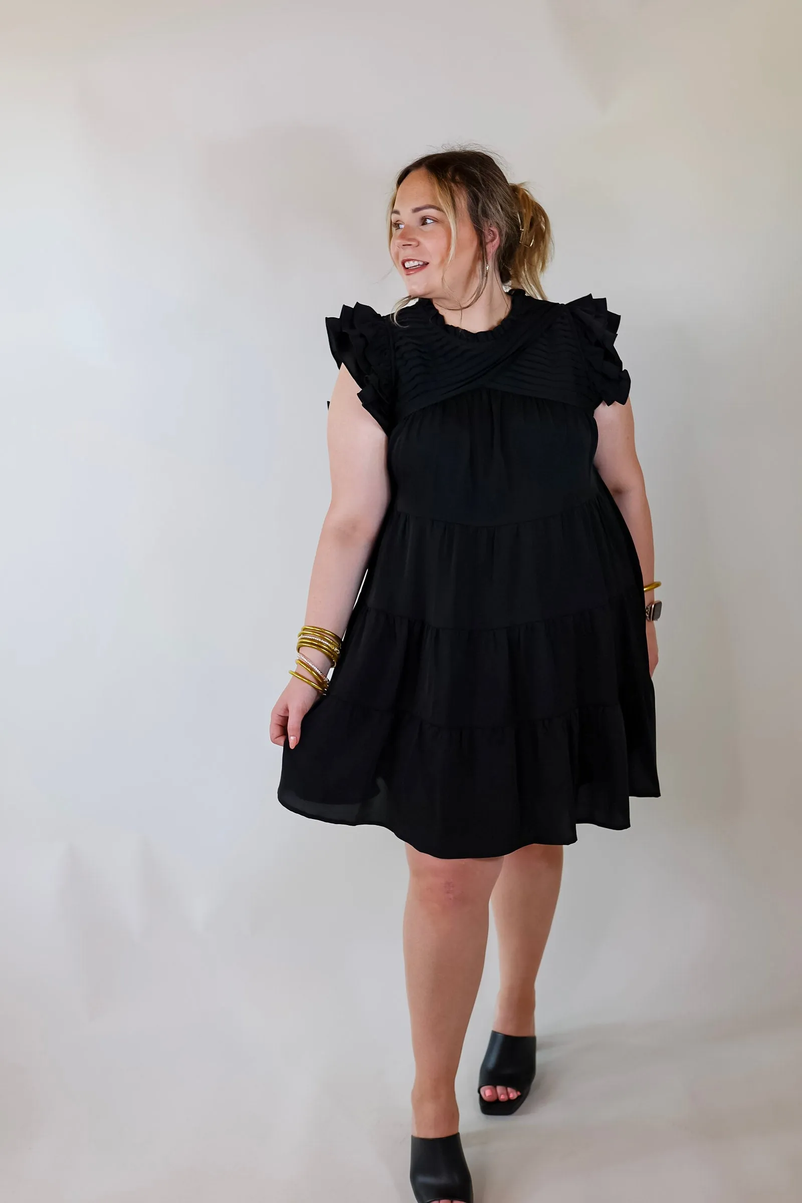 Chic On Scene Ruffle Tiered Dress with Pleated Detailing in Black