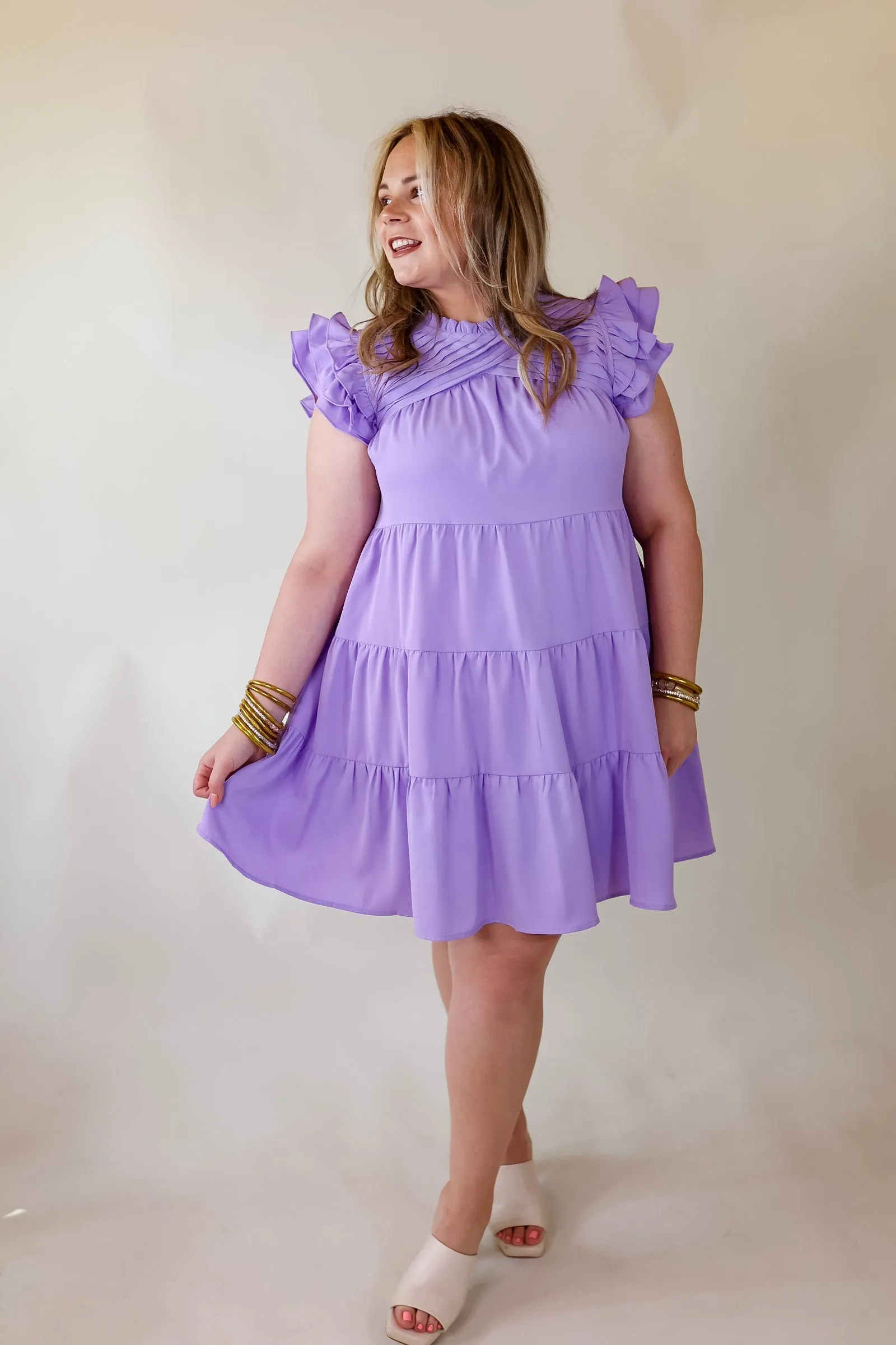 Chic On Scene Ruffle Tiered Dress with Pleated Detailing in Lavender Purple