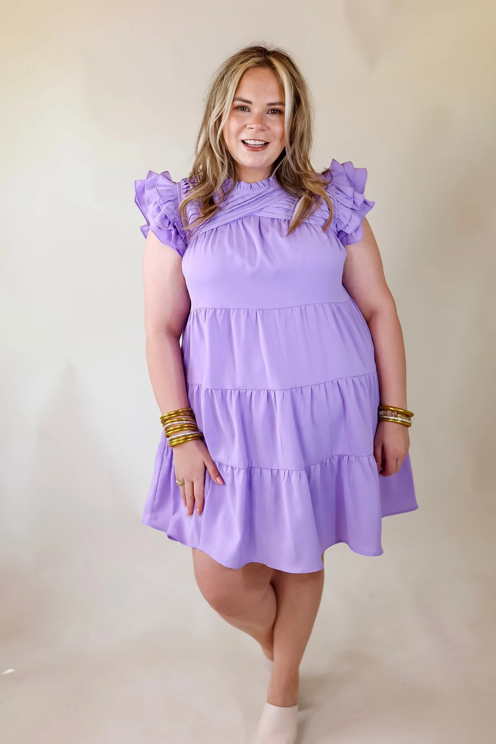 Chic On Scene Ruffle Tiered Dress with Pleated Detailing in Lavender Purple