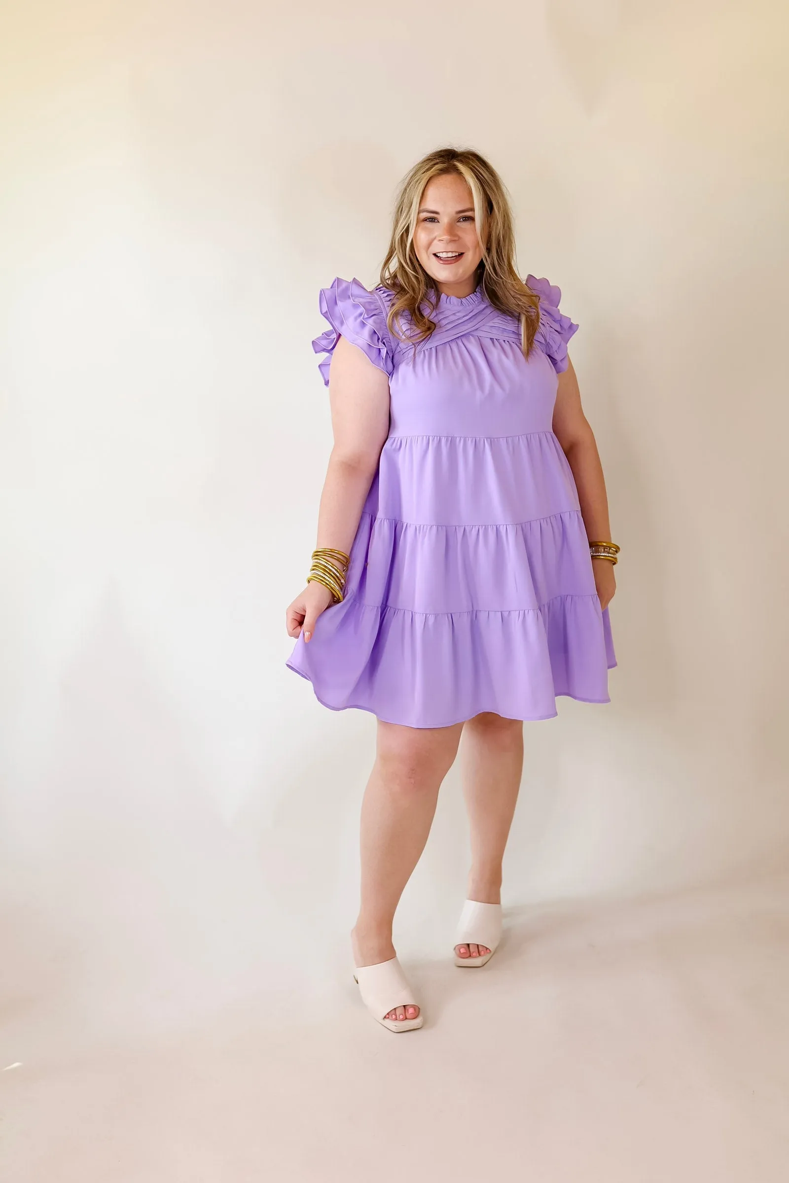 Chic On Scene Ruffle Tiered Dress with Pleated Detailing in Lavender Purple