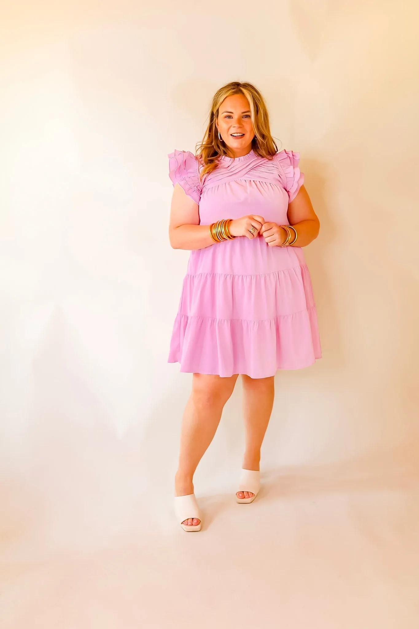 Chic On Scene Ruffle Tiered Dress with Pleated Detailing in Light Pink