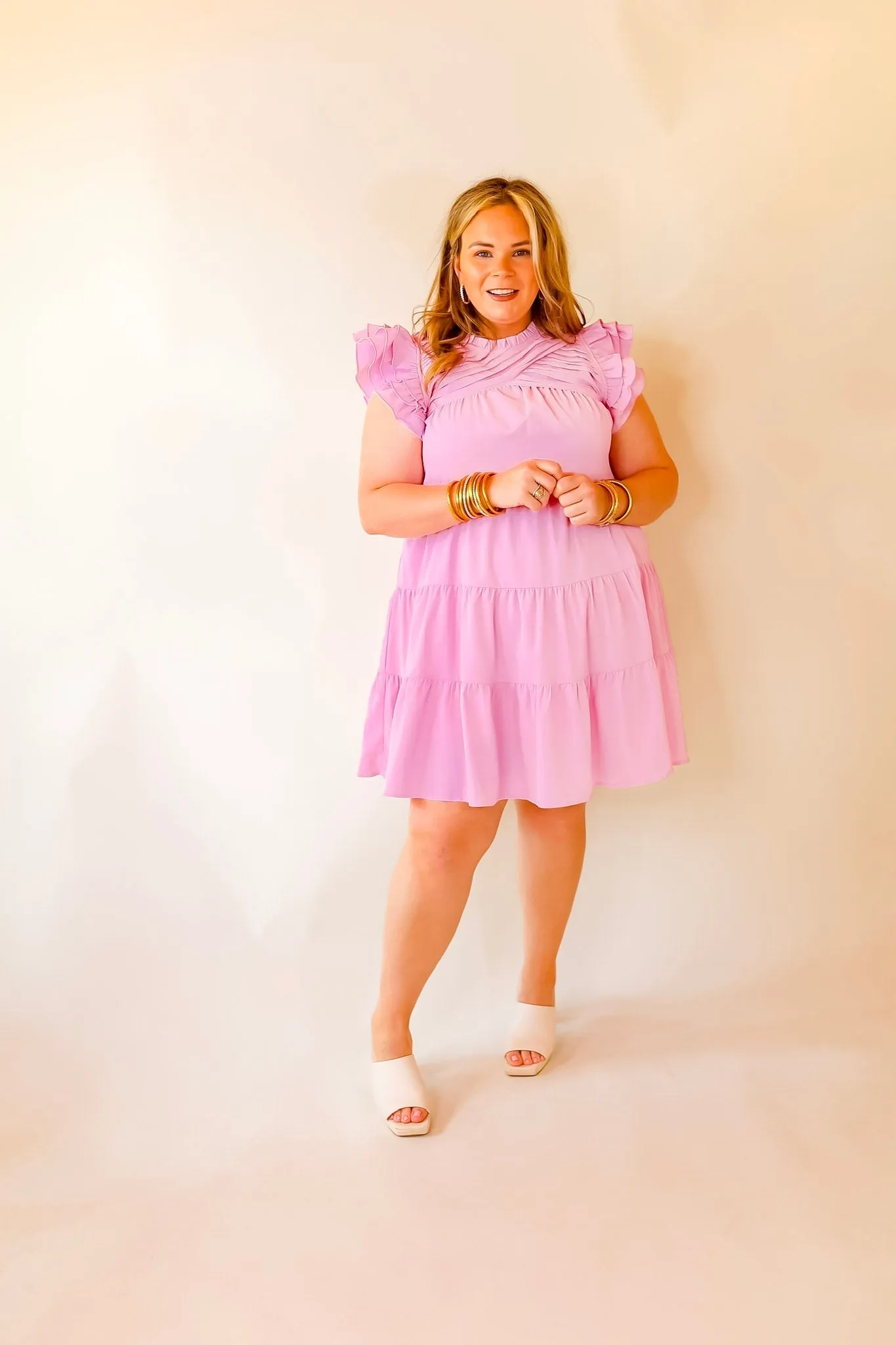 Chic On Scene Ruffle Tiered Dress with Pleated Detailing in Light Pink