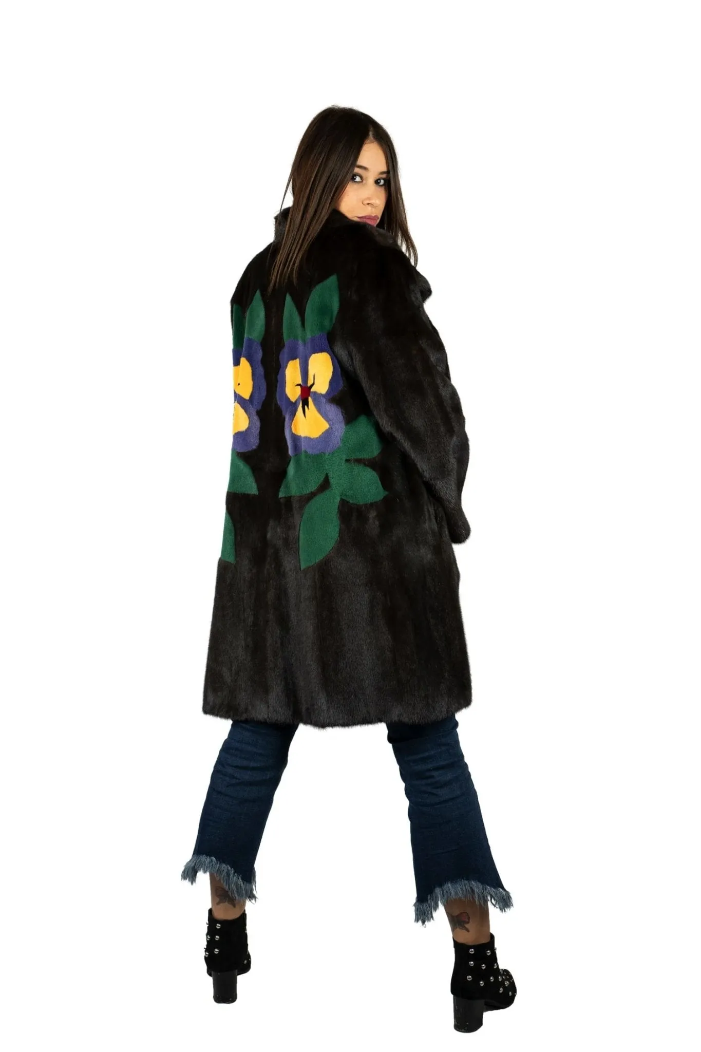 Coat in mink with floral inlays