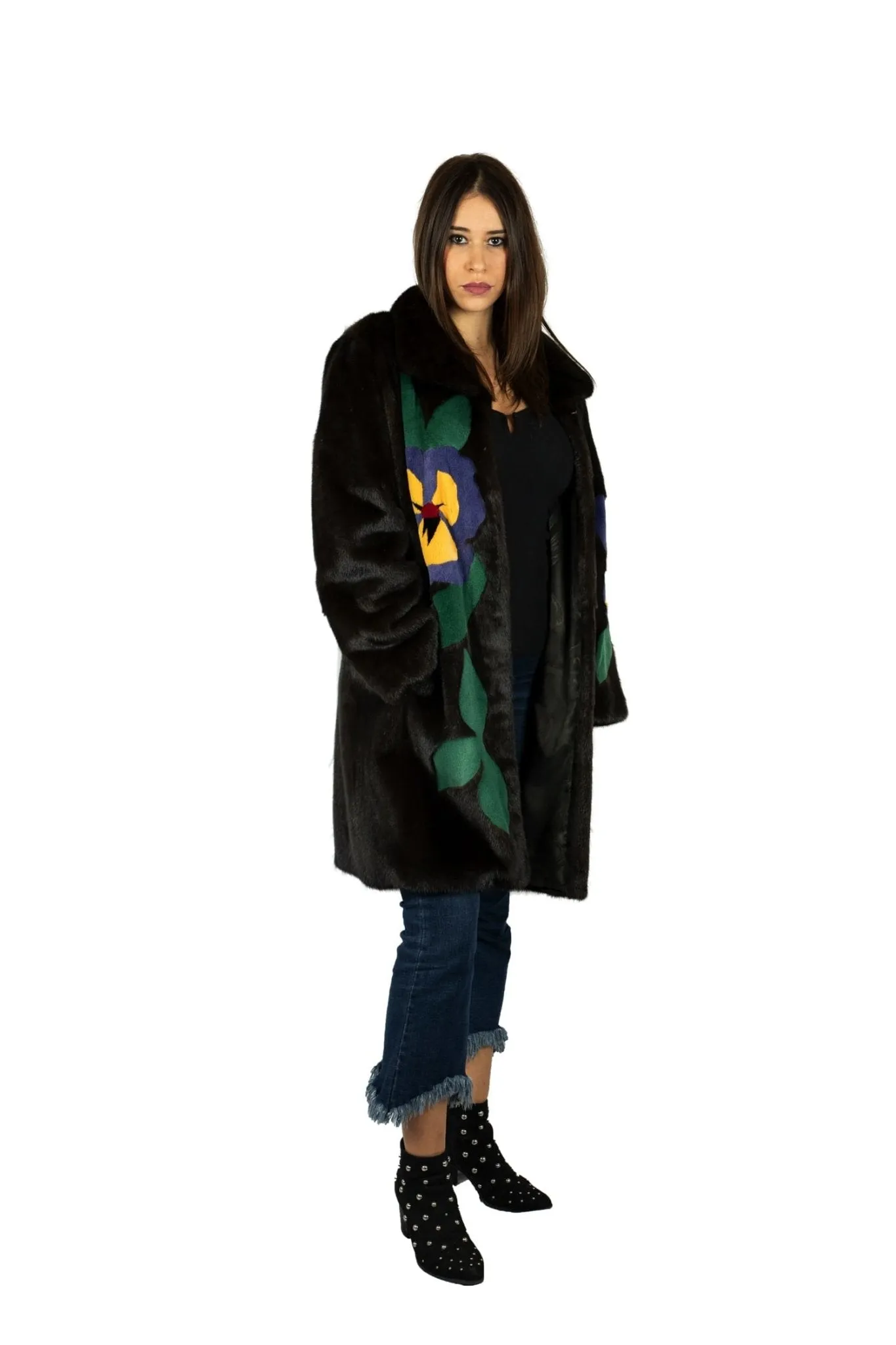 Coat in mink with floral inlays