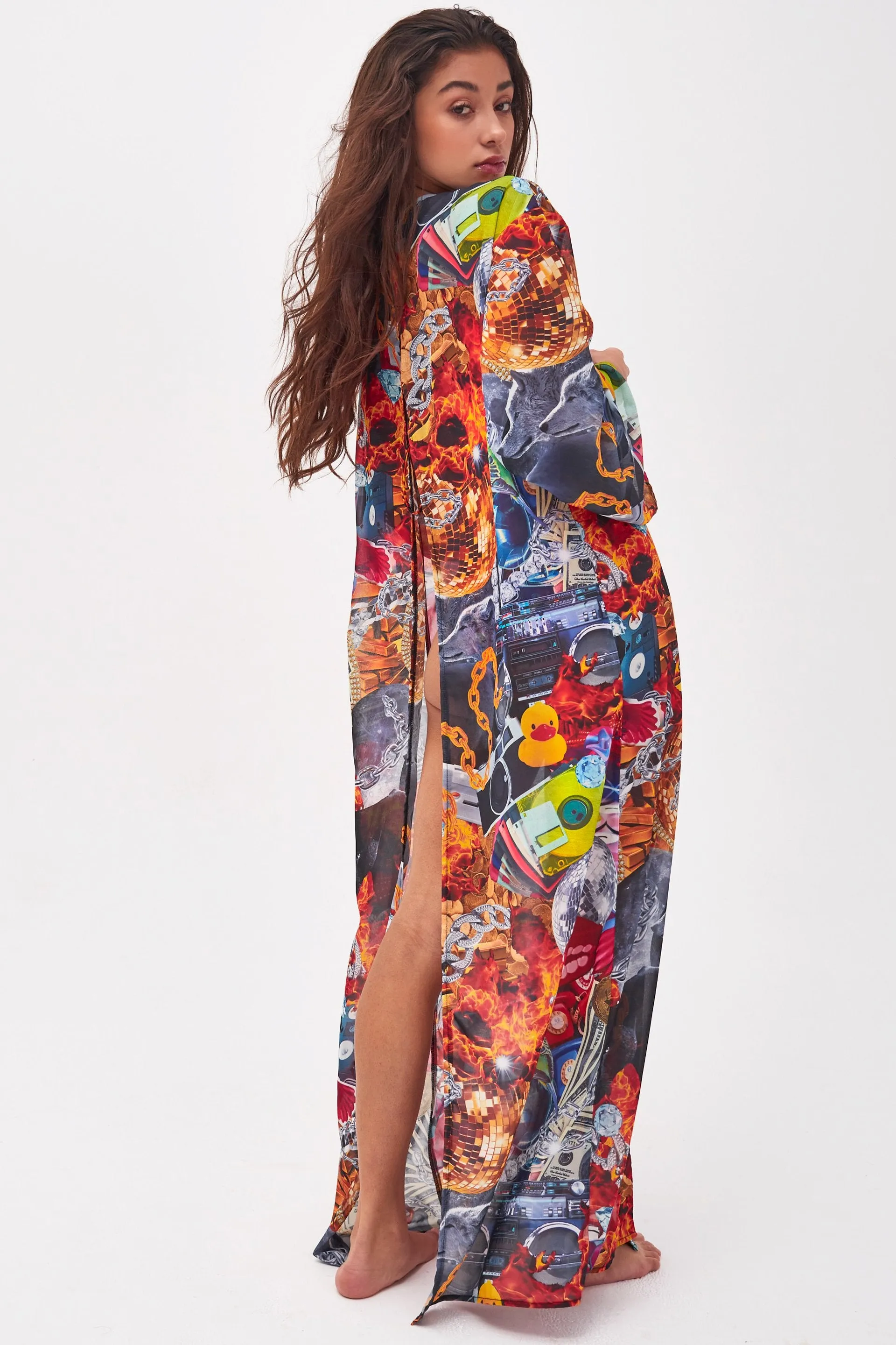 Collage Print Flared Sleeve Kimono