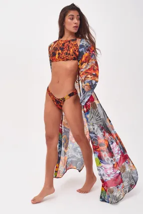 Collage Print Flared Sleeve Kimono