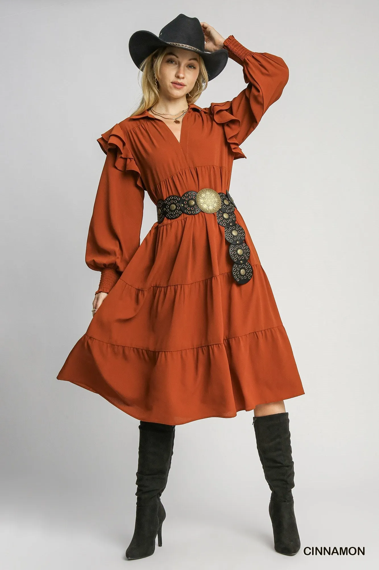 Collared Ruffle Long Sleeve Maxi Dress