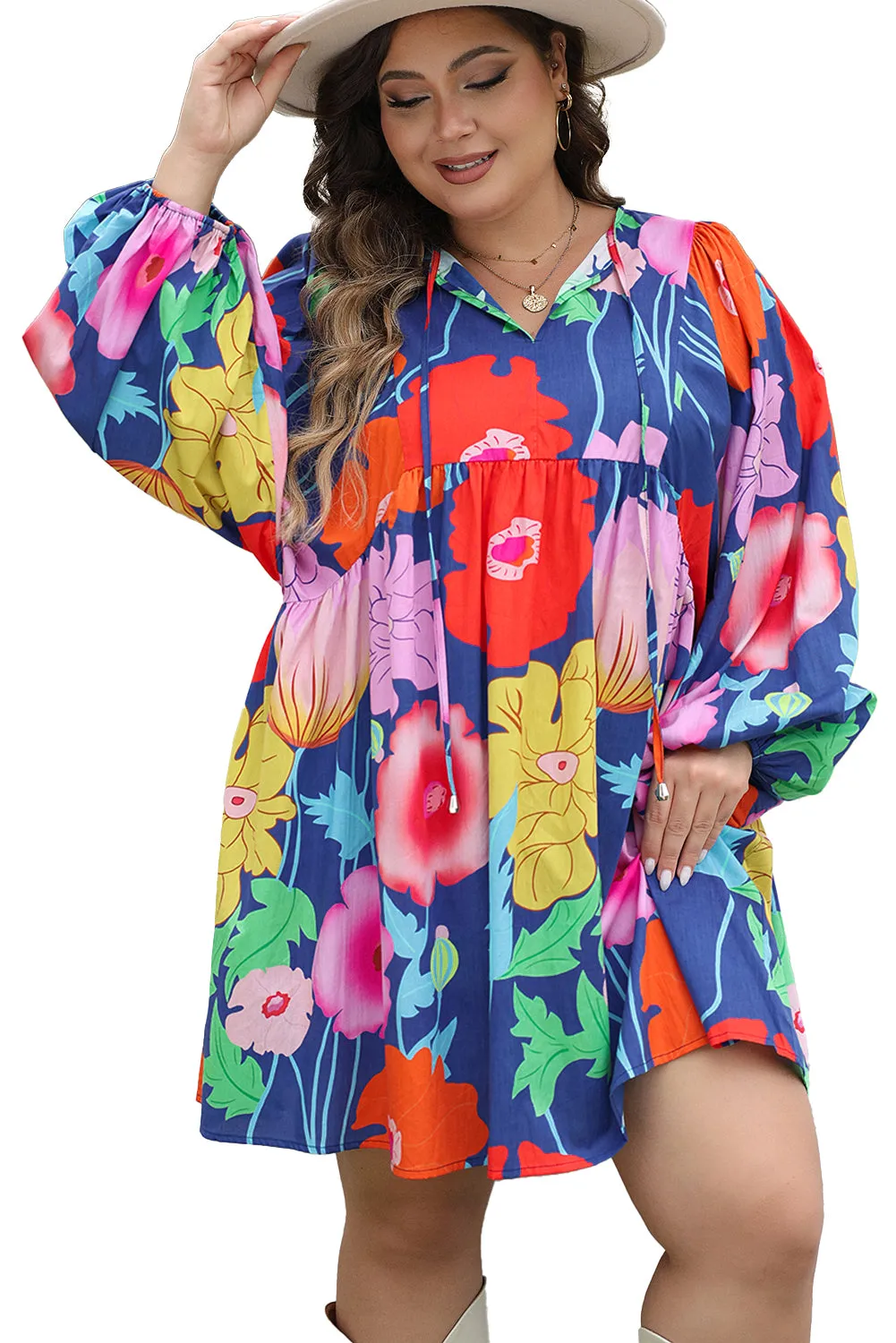 Colorful Floral V Neck Balloon Sleeve Plus Size Babydoll Dress