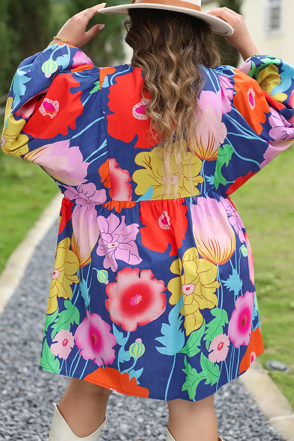 Colorful Floral V Neck Balloon Sleeve Plus Size Babydoll Dress