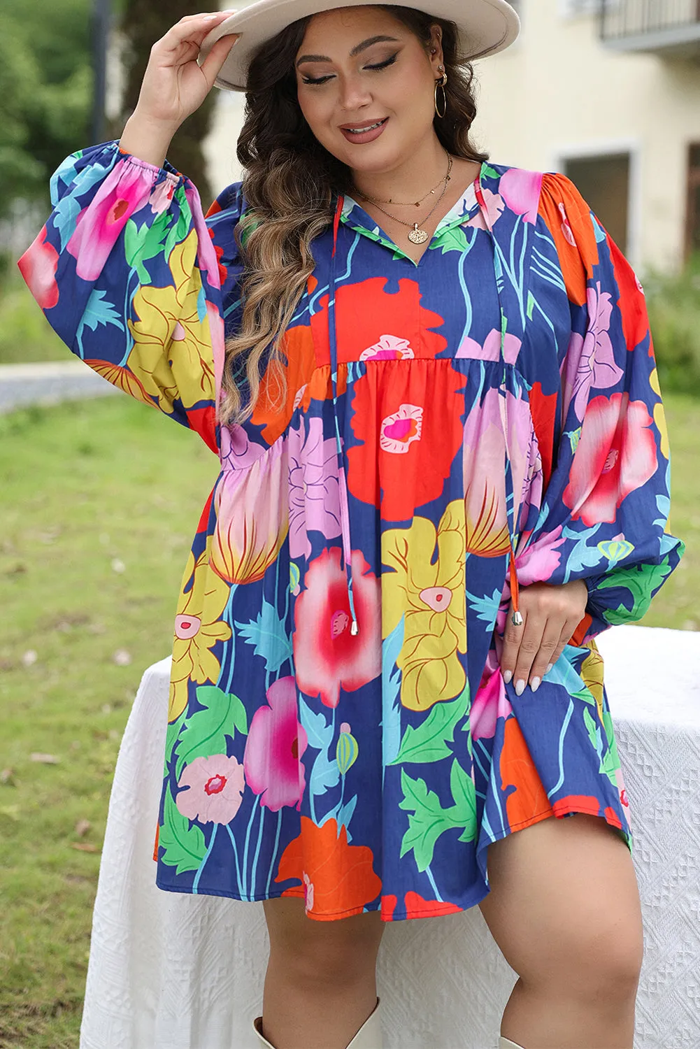 Colorful Floral V Neck Balloon Sleeve Plus Size Babydoll Dress