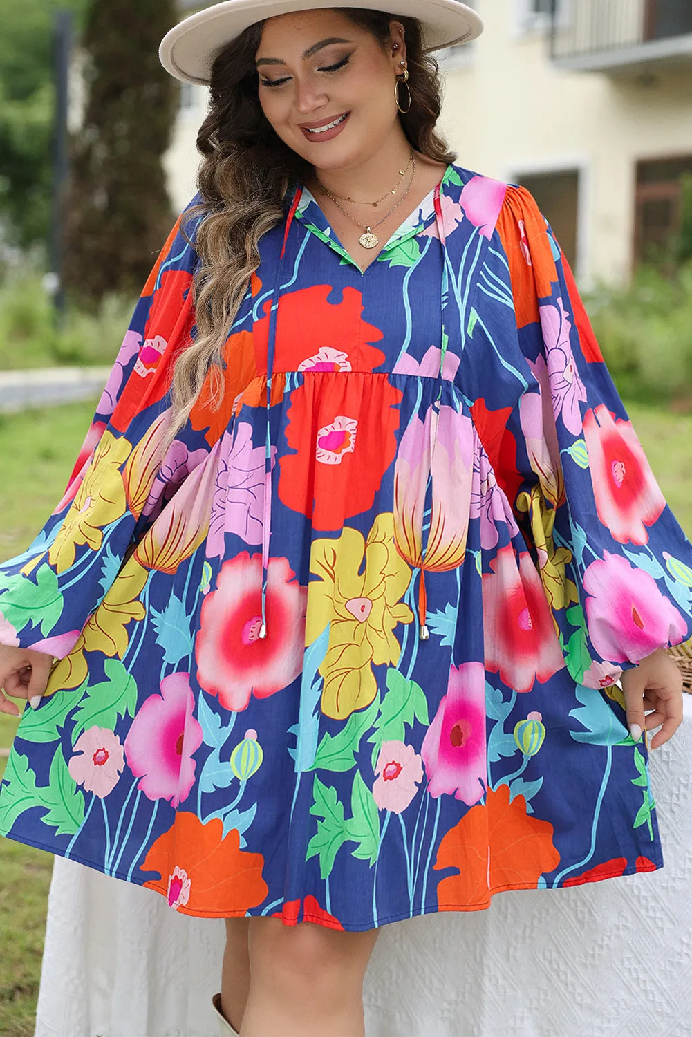 Colorful Floral V Neck Balloon Sleeve Plus Size Babydoll Dress