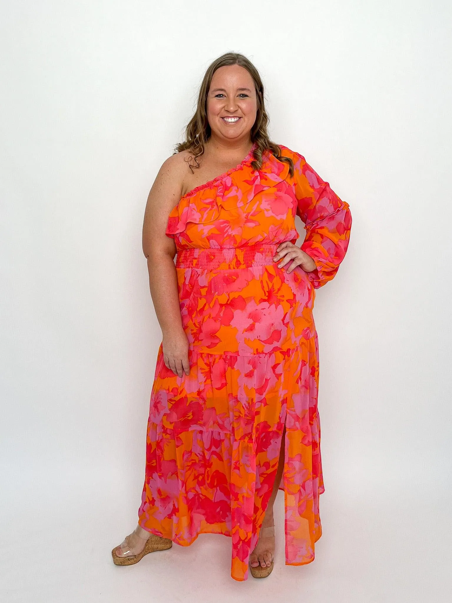 Coral One Shoulder Maxi Dress