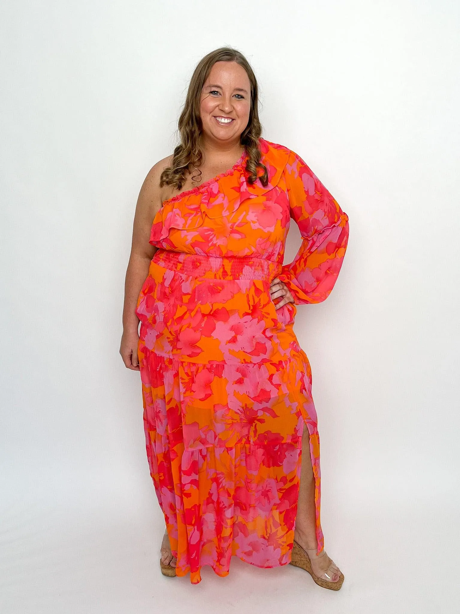 Coral One Shoulder Maxi Dress