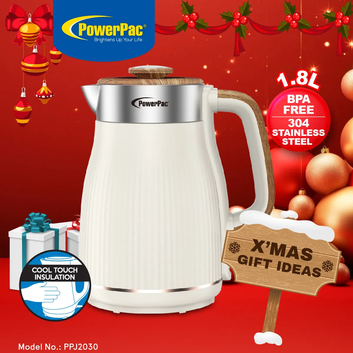 Cordless Kettle Jug, Electric Kettle Jug 1.8L Cool Touch Insulation (PPJ2030WH)