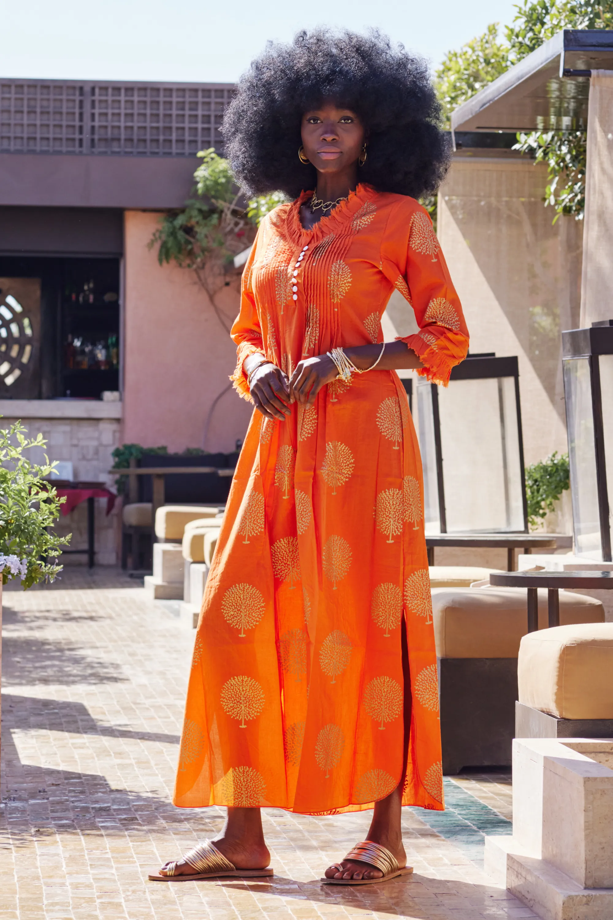 Cotton Annabel Maxi Dress in Tangerine & Gold