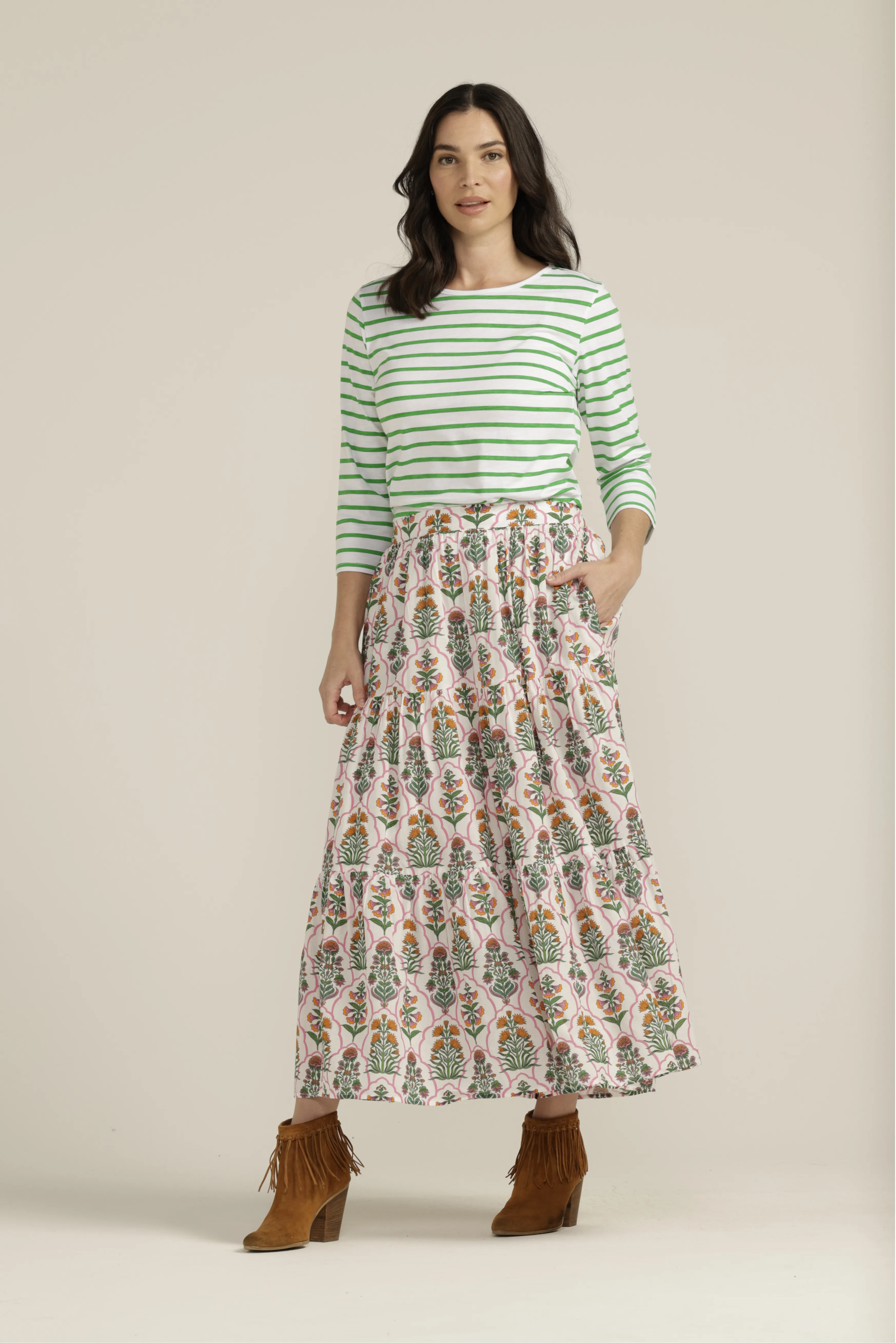 Cotton Mosaic Print Tiered Skirt