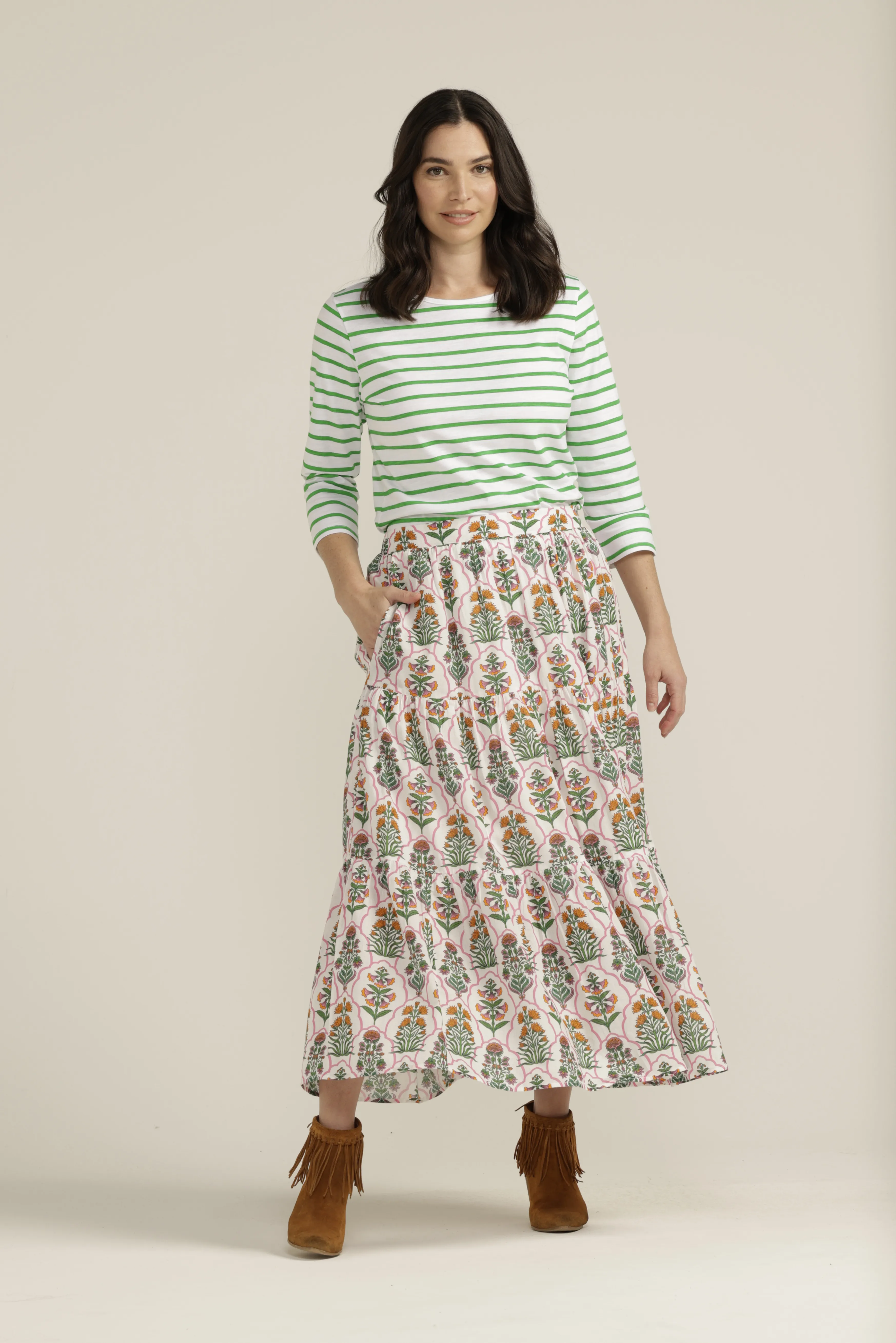 Cotton Mosaic Print Tiered Skirt