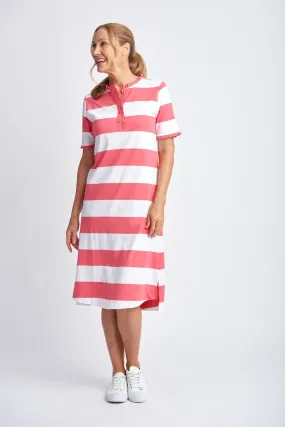 Cotton Stripe Frill Dress Coral/White