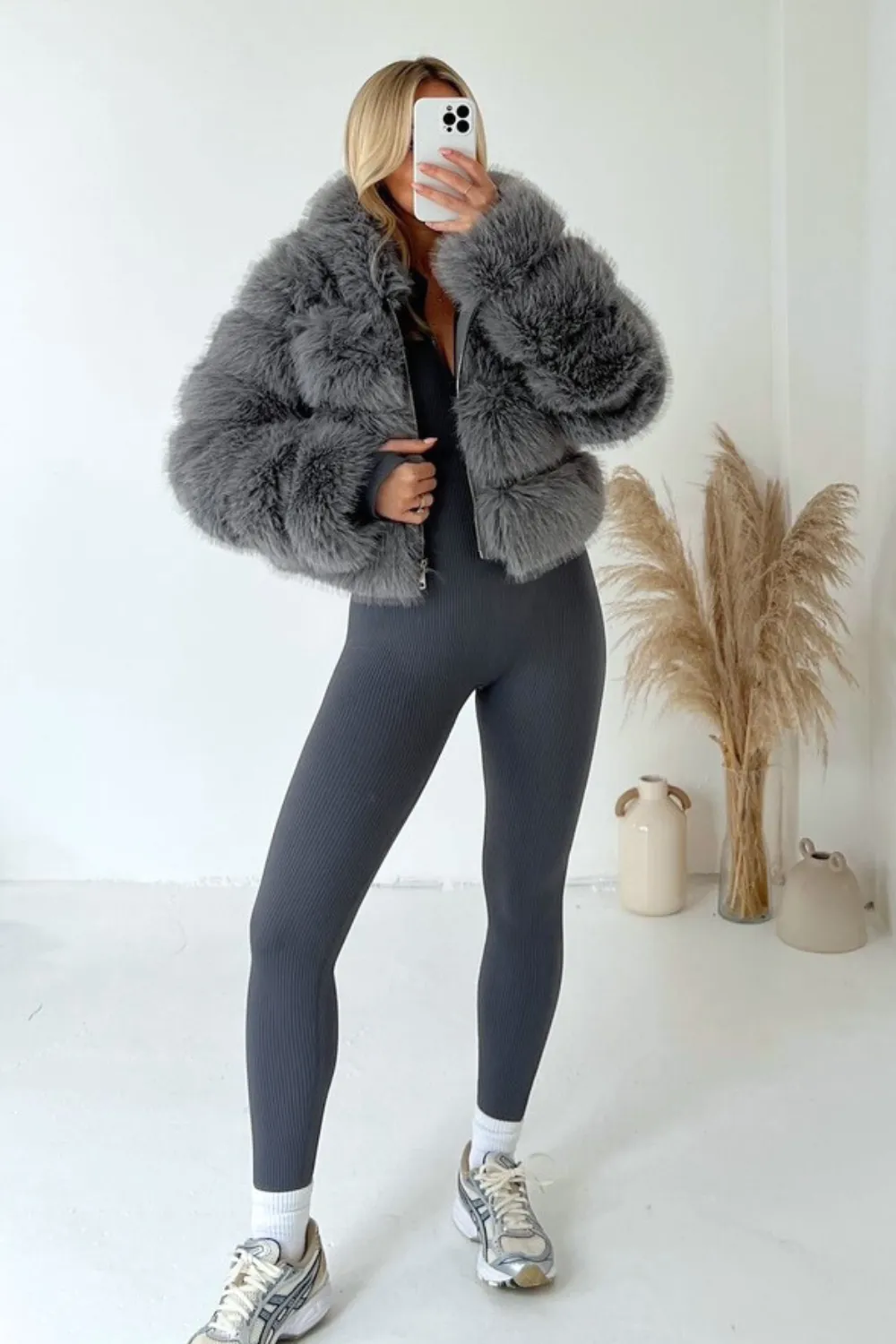 Danni grey hooded faux  fur coat