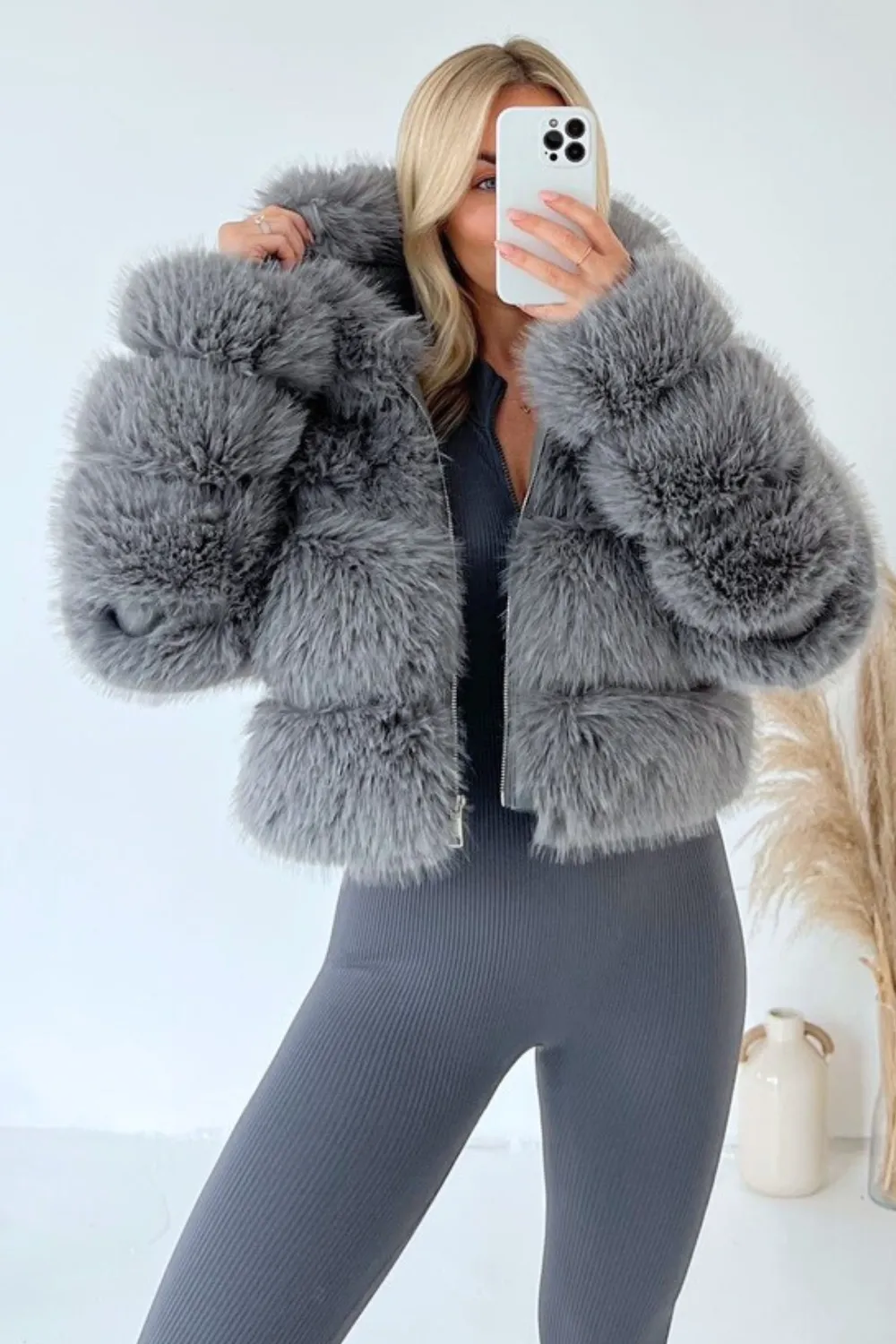 Danni grey hooded faux  fur coat