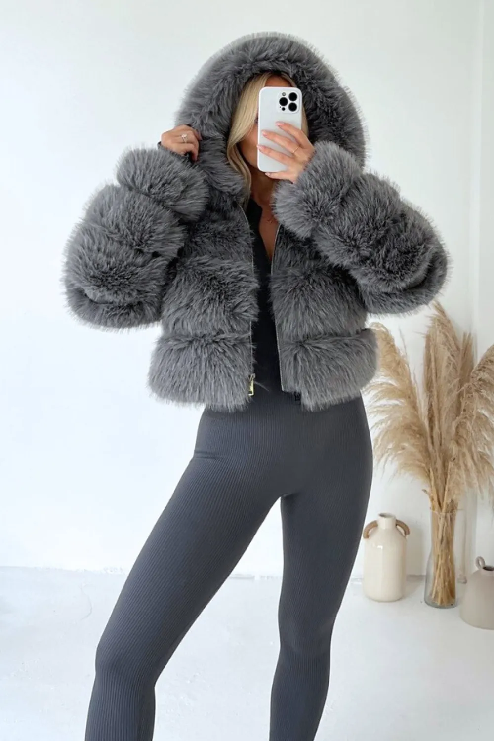 Danni grey hooded faux  fur coat