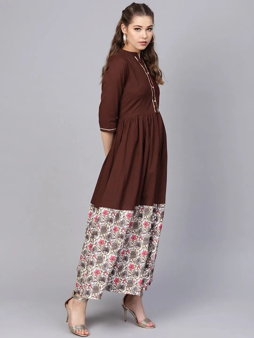 Dark Brown Maxi Dress  With Printed Border & Front Placket With Madarin Collar