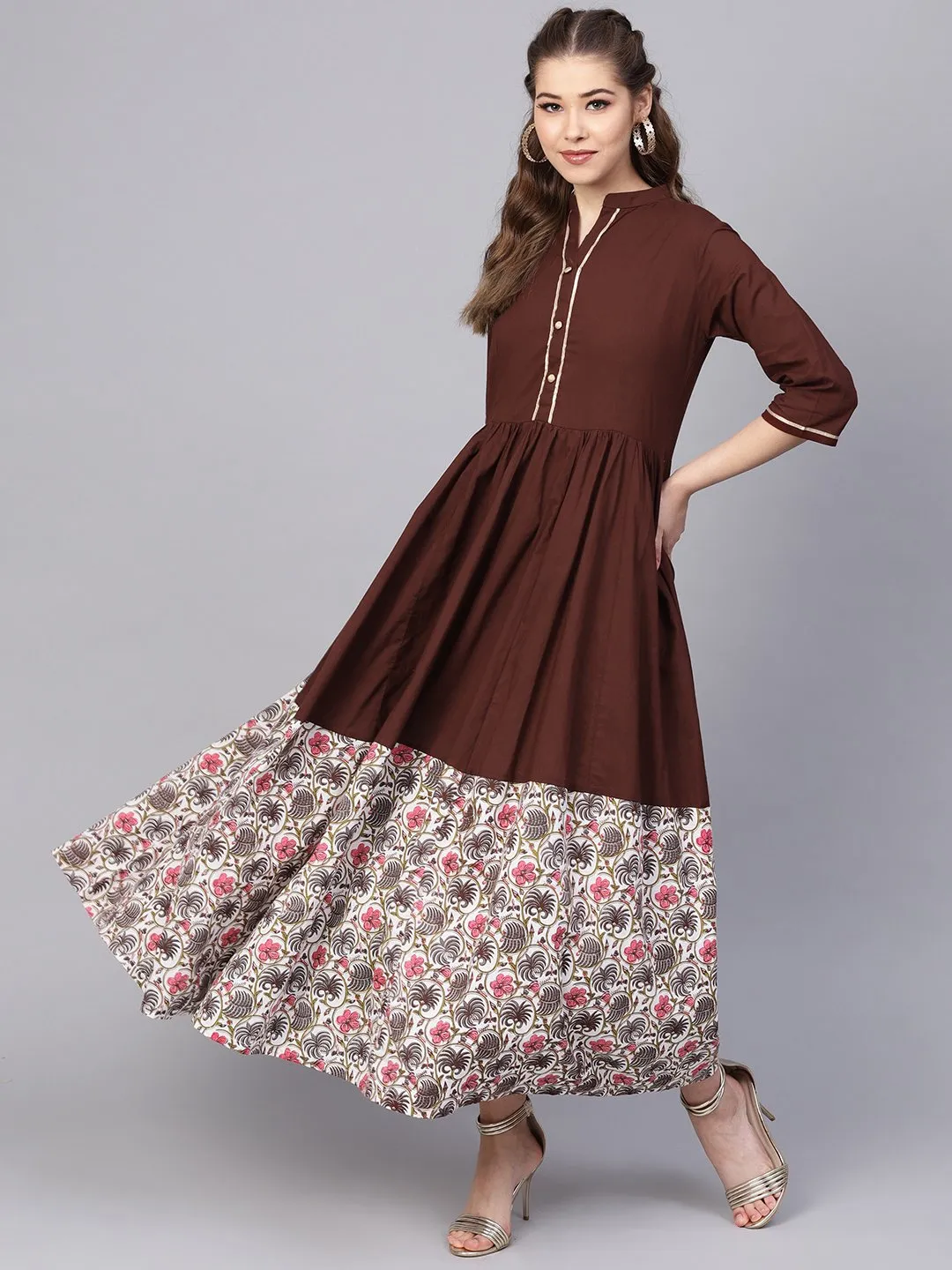 Dark Brown Maxi Dress  With Printed Border & Front Placket With Madarin Collar